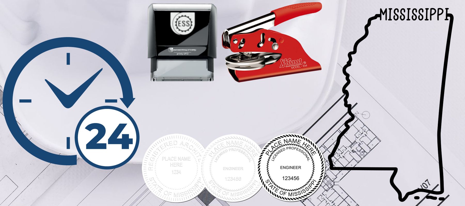 State of Mississippi Stamps and Seals collection featuring various stamps, a red embosser, and a clock icon with a 24-hour symbol.