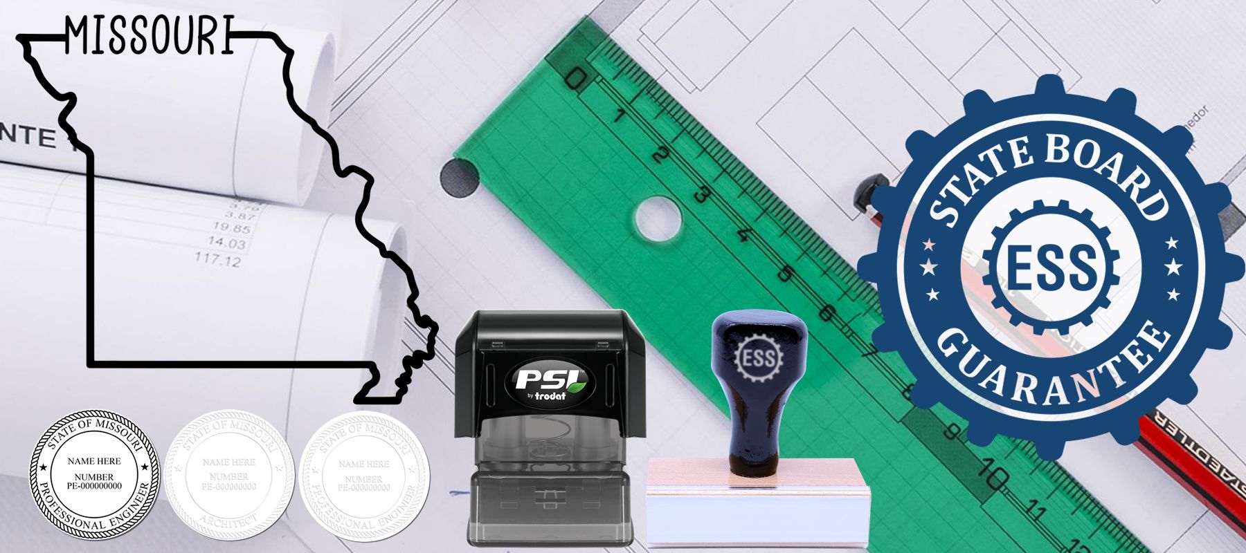 State of Missouri Stamps and Seals collection featuring stamps, seals, a map outline of Missouri, and drafting tools on a desk.