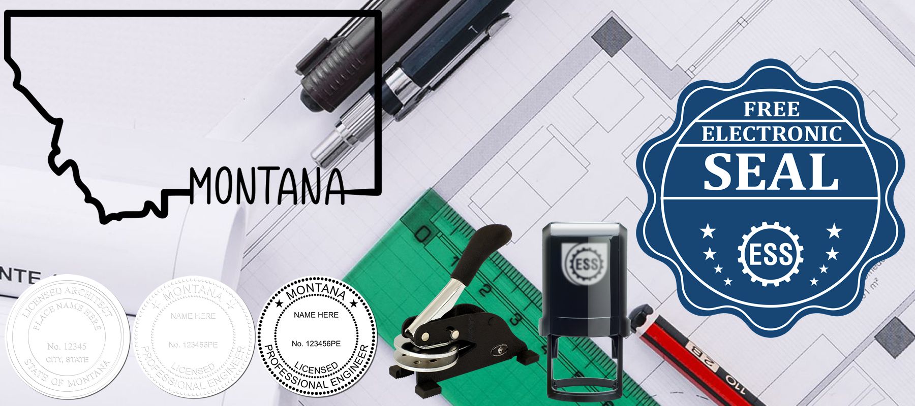 State of Montana Stamps and Seals collection featuring a map outline, stamps, a seal embosser, a ruler, and architectural plans.