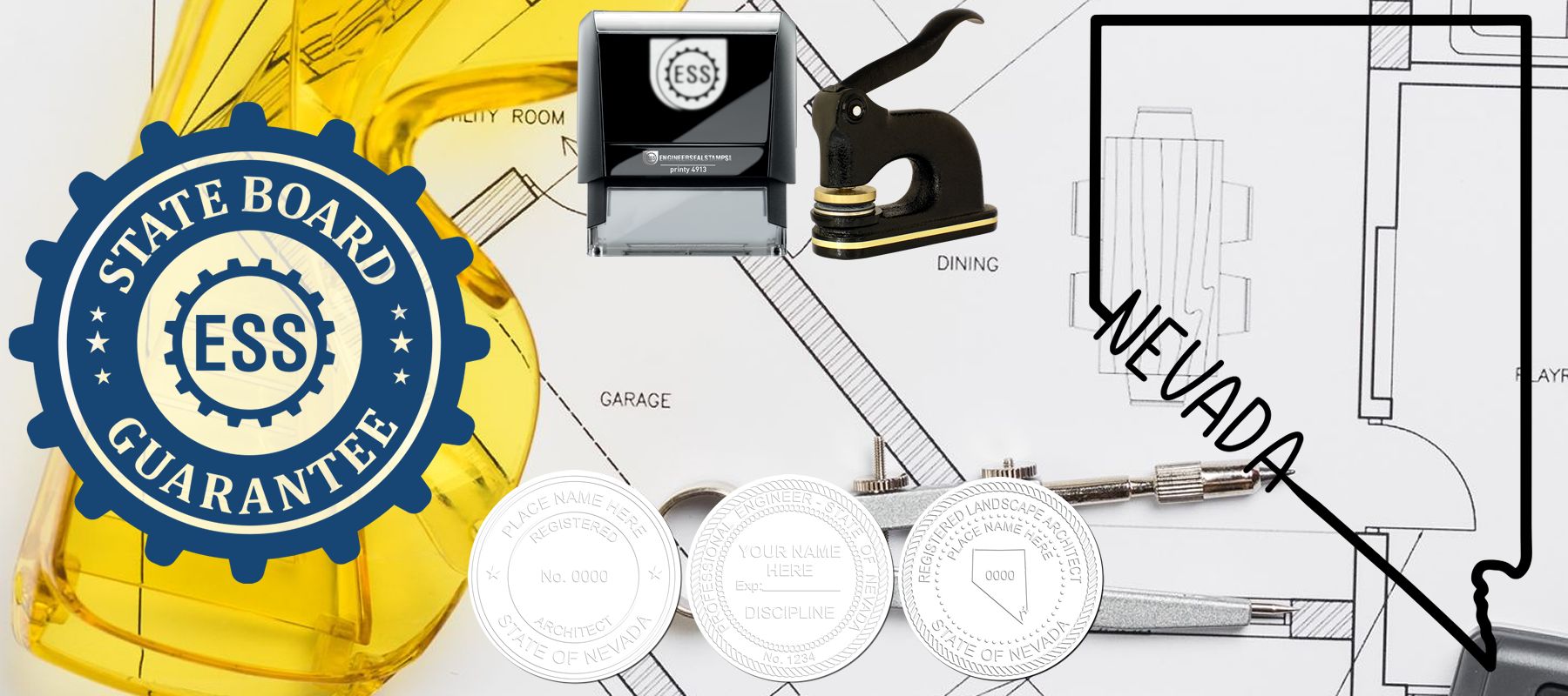 State of Nevada Stamps and Seals collection featuring stamps, embossers, and seals with a background of architectural blueprints.