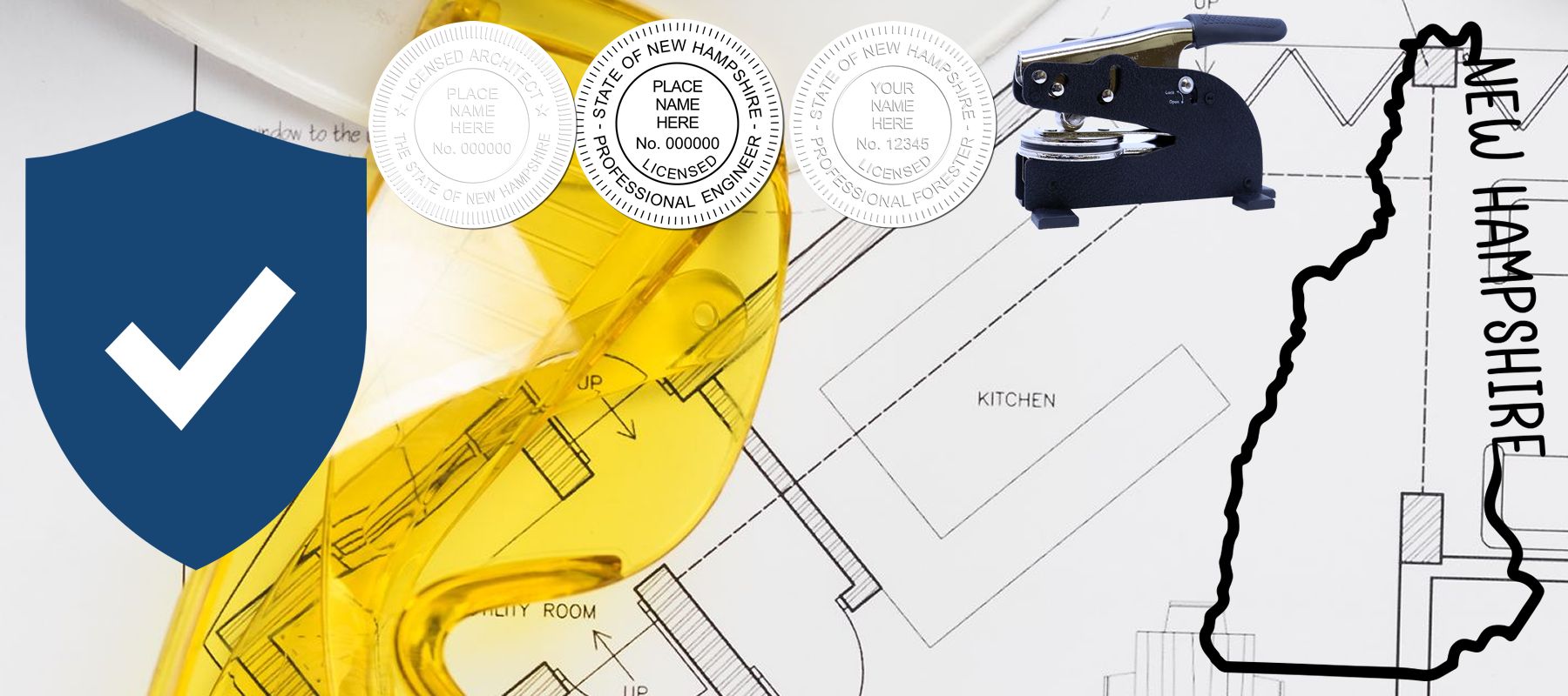 Image featuring the State of New Hampshire Stamps and Seals collection with a blueprint, a seal embosser, and a New Hampshire state outline.