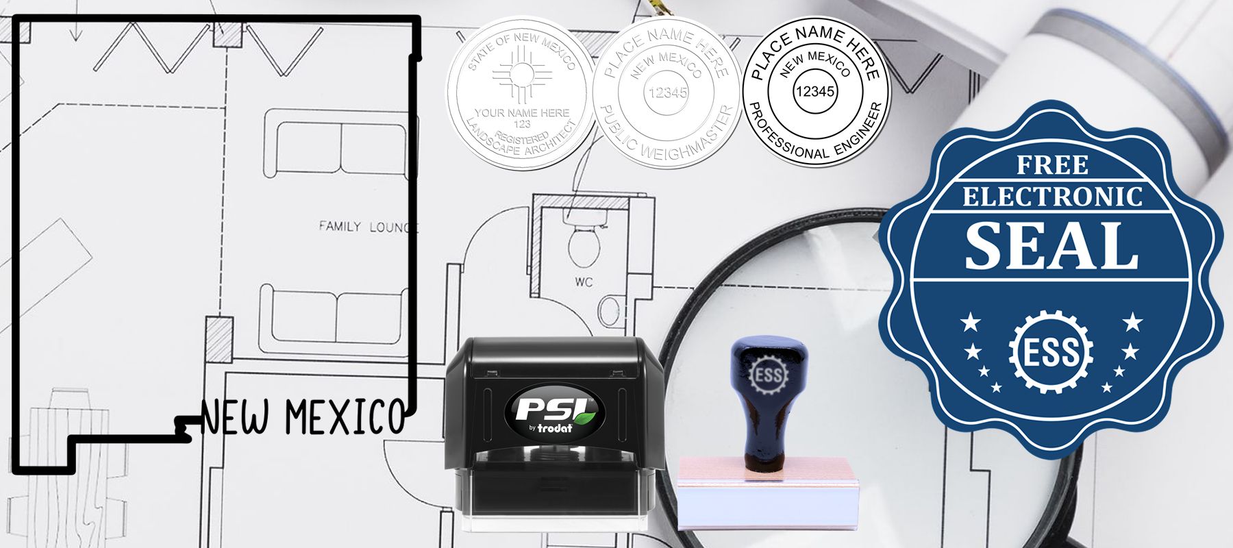 Blueprint with stamps, seals, and a magnifying glass from the State of New Mexico Stamps and Seals collection.