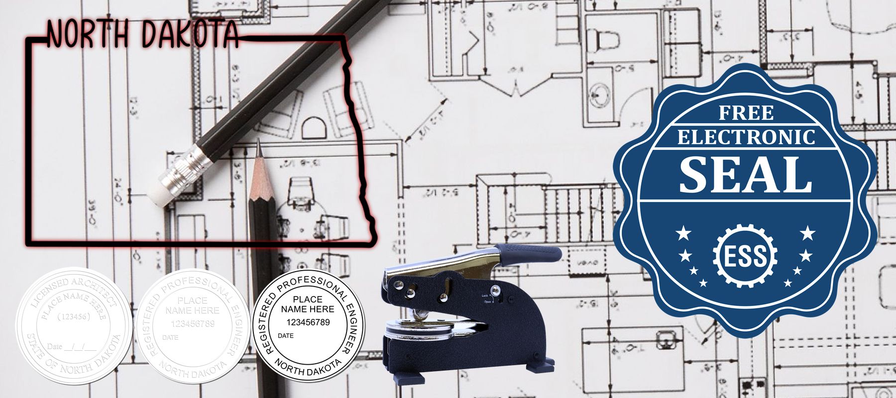 Blueprints with North Dakota outline, pencil, and stamps from the State of North Dakota Stamps and Seals collection, featuring a free electronic seal.