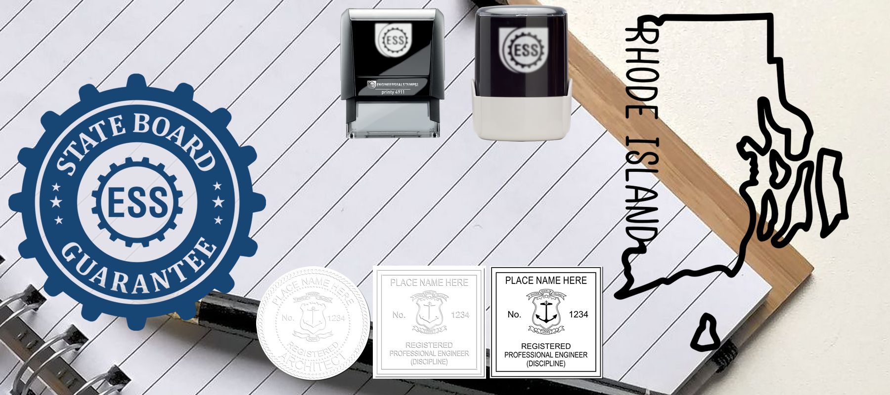 State of Rhode Island Stamps and Seals collection featuring various stamps, seals, and a map outline of Rhode Island on a lined background.