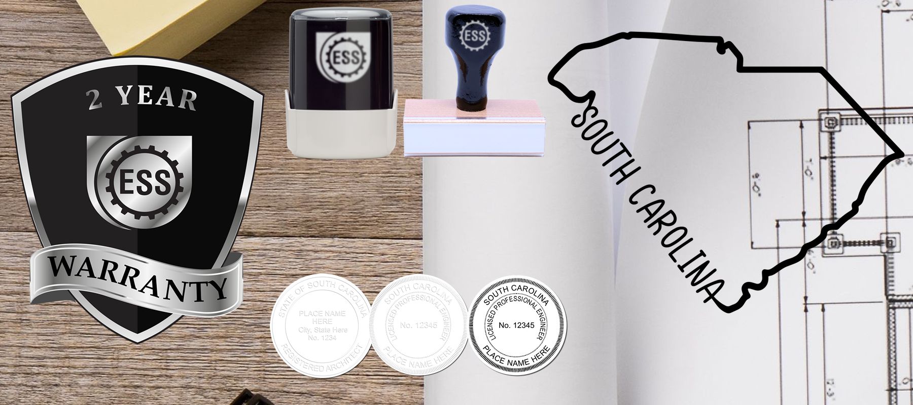 State of South Carolina Stamps and Seals collection featuring various stamps, seals, a 2-year warranty badge, and a South Carolina outline.