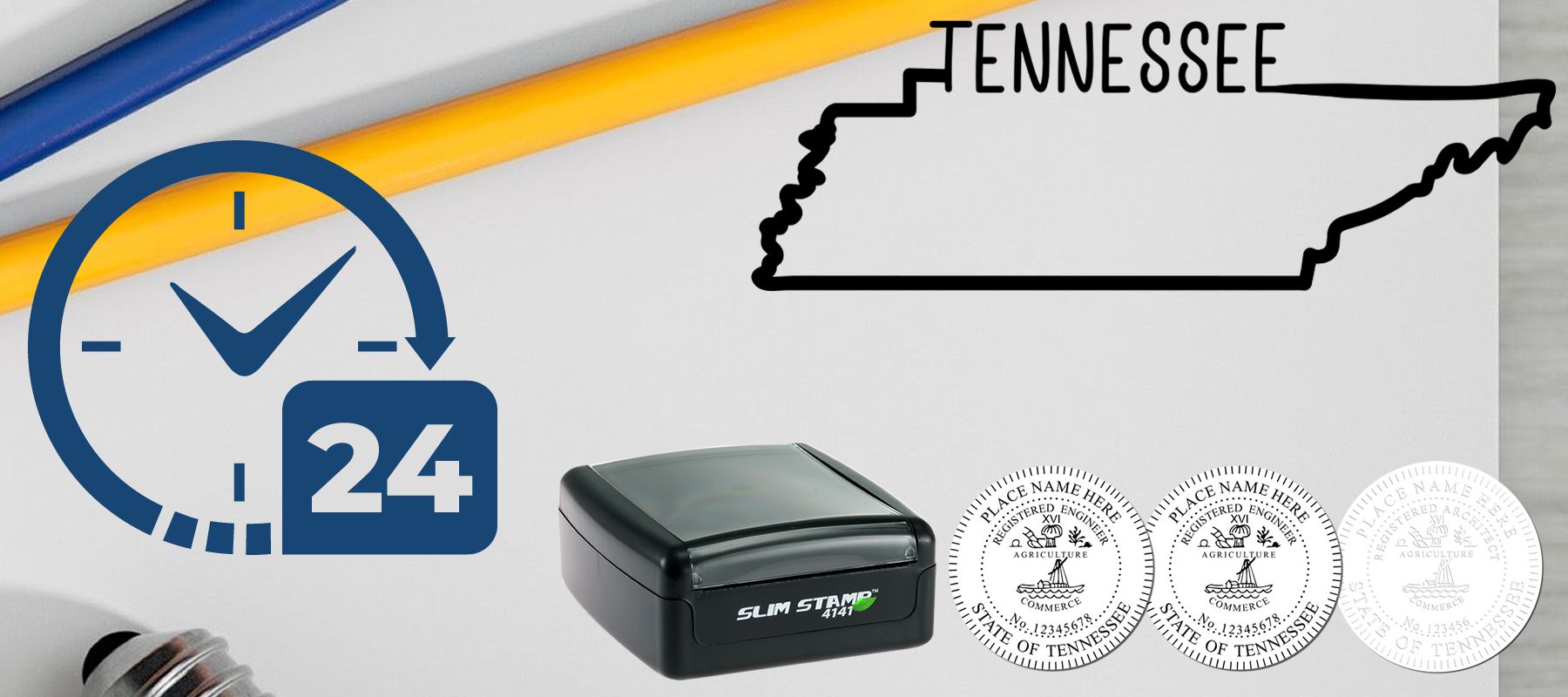 Image of the State of Tennessee Stamps and Seals collection featuring a map outline, stamps, a clock icon, and a stamp pad.