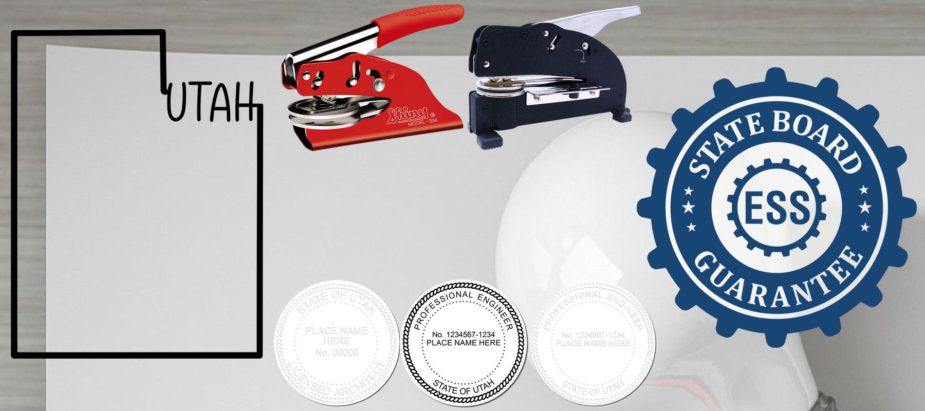 Image of the State of Utah Stamps and Seals collection featuring embossing tools, seals, and a State Board Guarantee emblem.