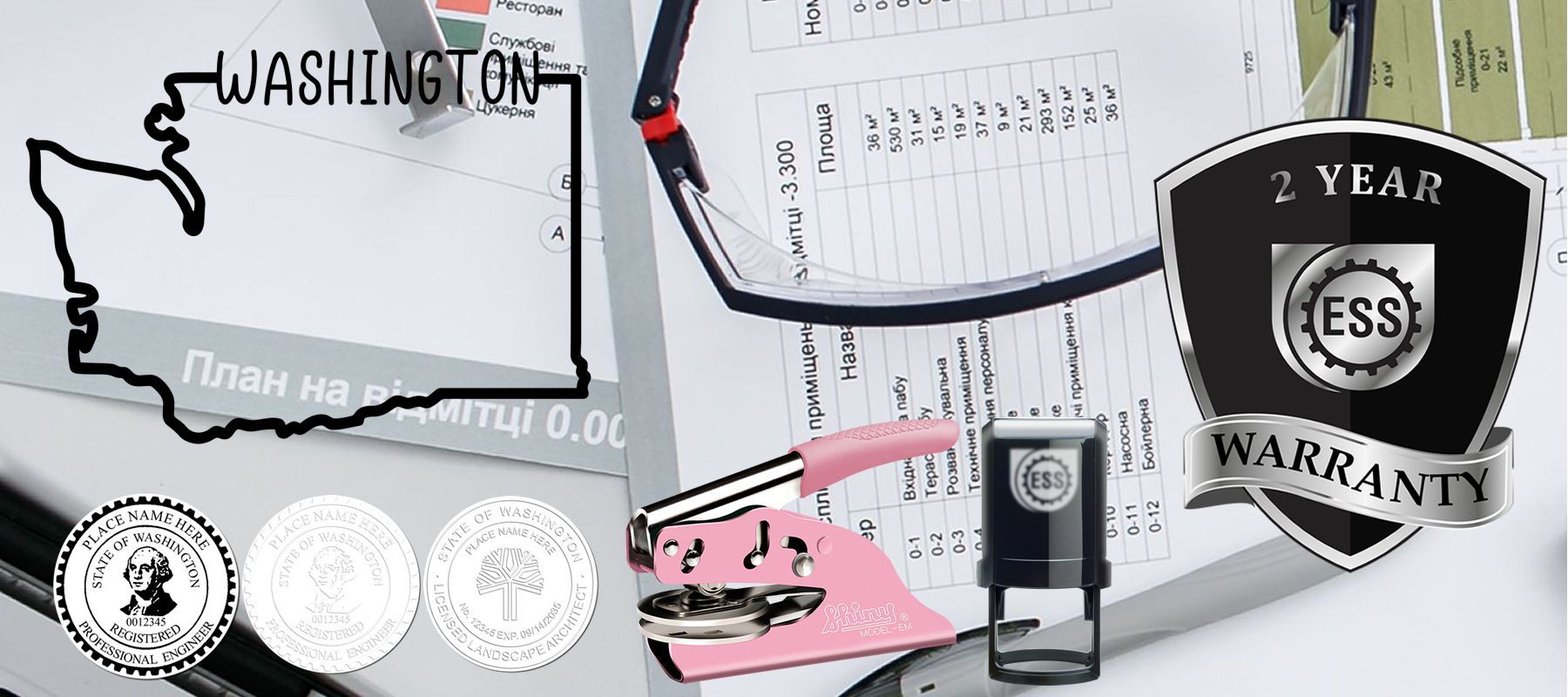 State of Washington Stamps and Seals collection featuring a map outline, stamps, a pink stapler, a warranty badge, and office documents.