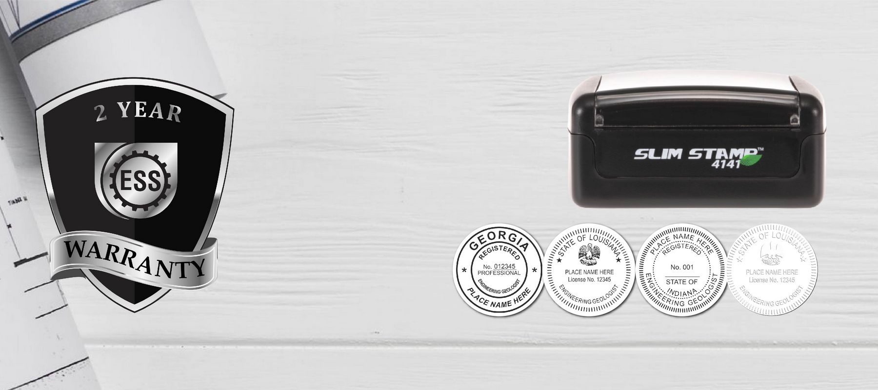 Image of various seals and stamps from the Engineering Geologist Seal and Stamps collection, featuring a 2-year warranty badge and a Slim Stamp 4141.