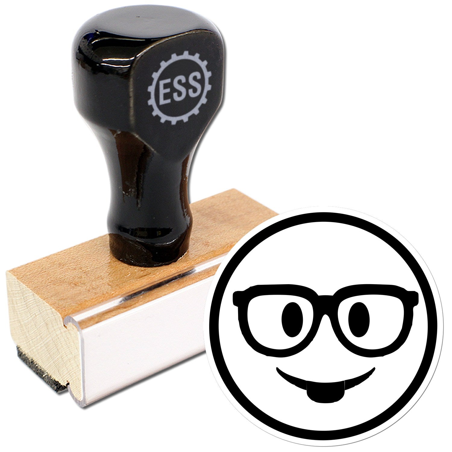 Wood Handle Smarty McGlasses Emotes Rubber Stamp with black handle and wooden base, featuring a smiling face with glasses design.