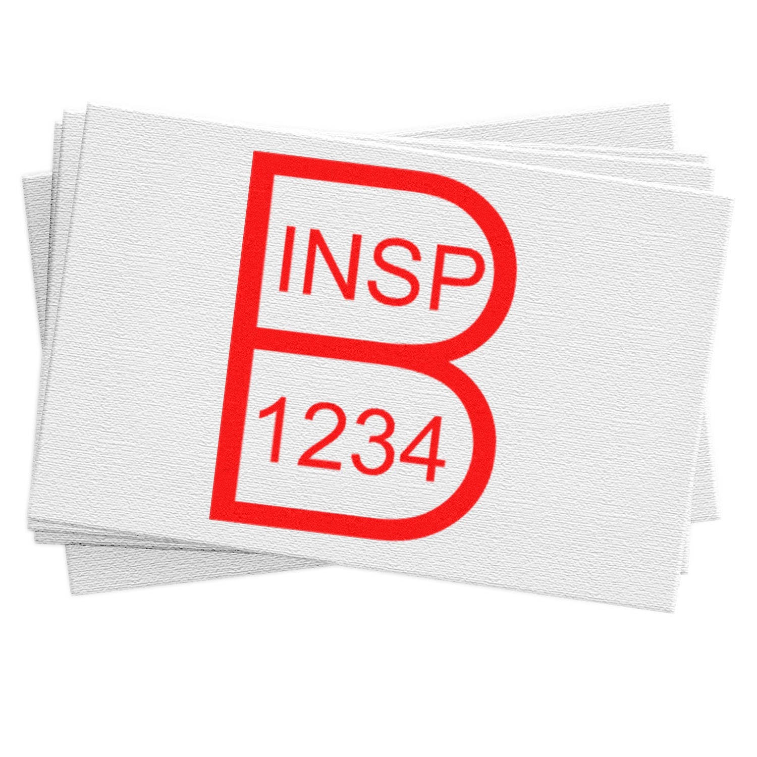 Stacked white seal labels with a red INSP 1234 stamp logo and textured paper background.