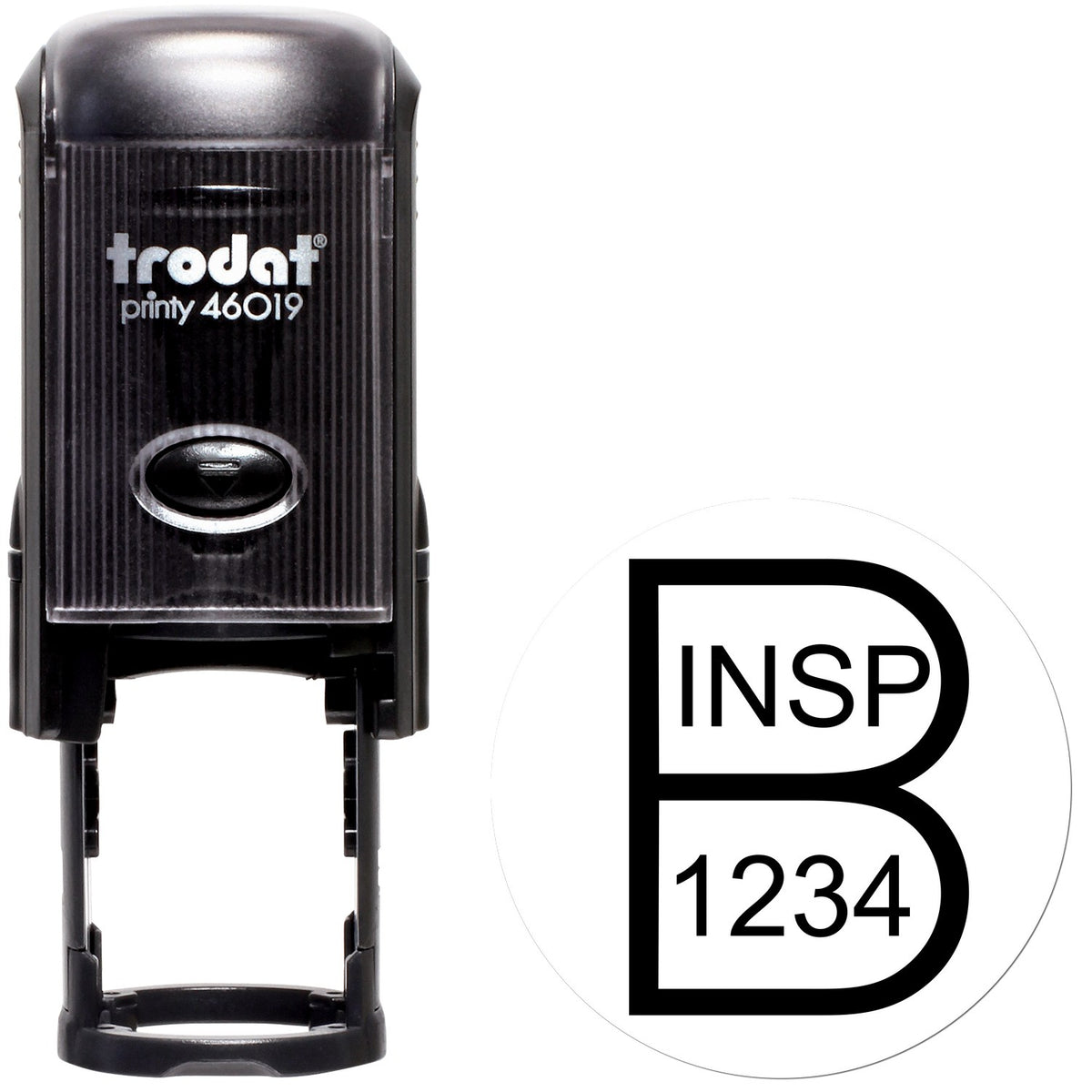 Black Trodat Printy 46019 self-inking stamp with circular B INSP 1234 seal on a white background.