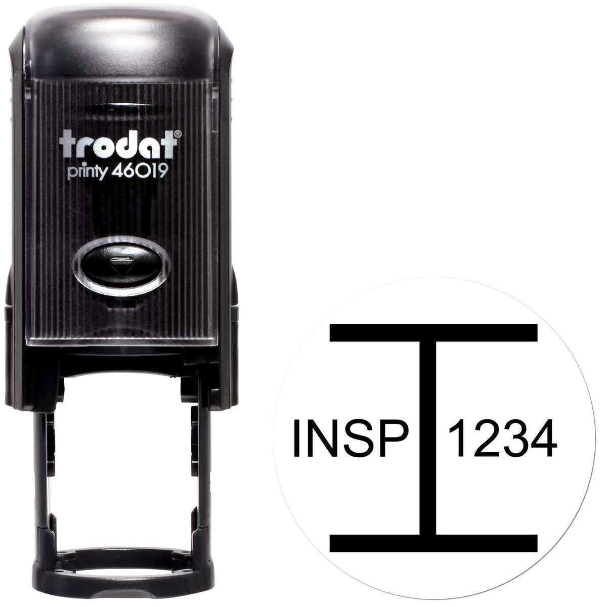 Black Trodat Printy 46019 self-inking inspection stamp with circular INSP 1234 seal