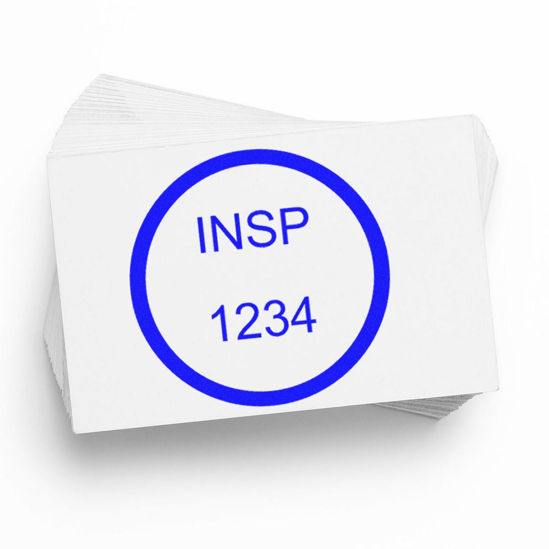 Stack of white stamp and seal cards with a blue circular seal labeled INSP 1234