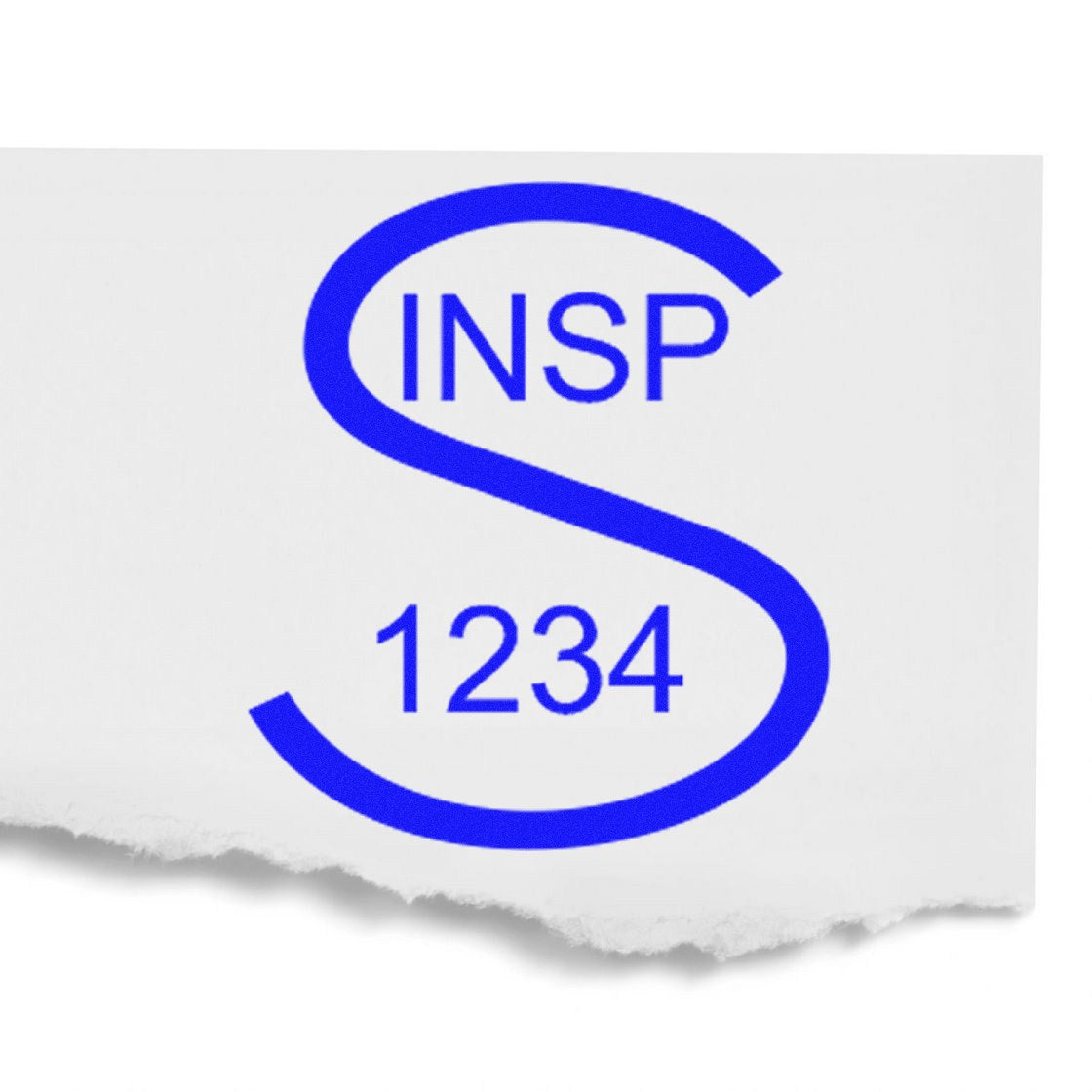 Blue INSP 1234 custom stamp seal logo on torn white paper
