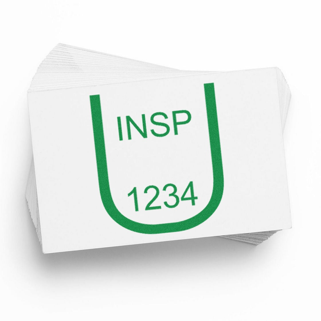 White stamp and seal cards with green INSP 1234 logo and U-shaped seal mark