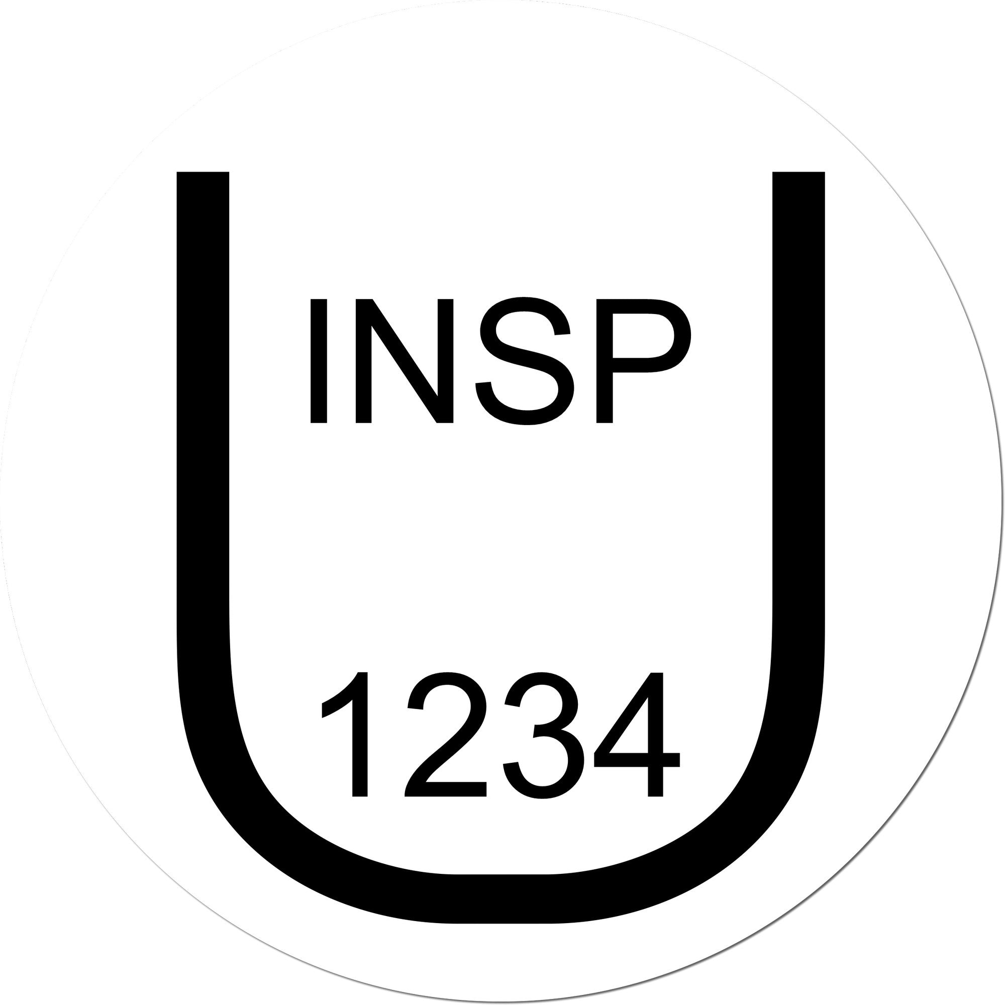 White circular inspection seal stamp with black border, INSP 1234 text, and bold black U-shaped frame.