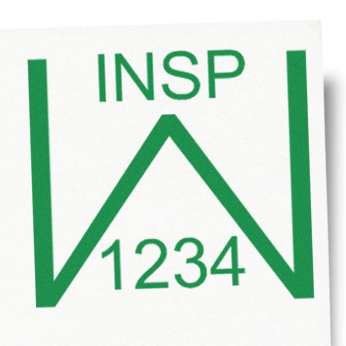 Green INSP stamp seal product with W-shaped outline and 1234 on a white background.