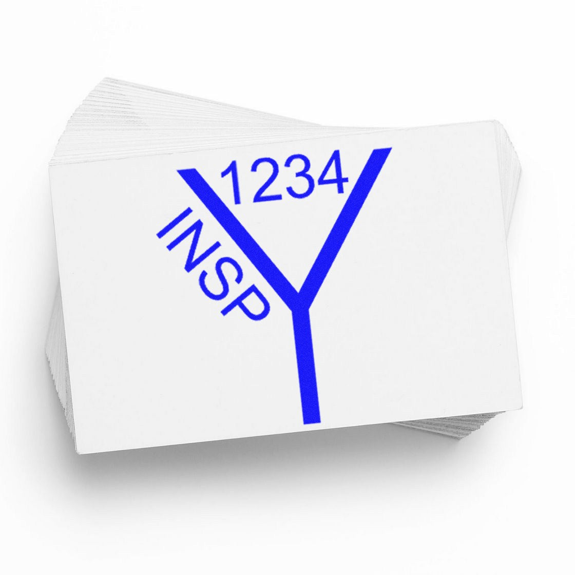 Stack of white stamp and seal products with blue Y-shaped logo, 1234 and INSP text.