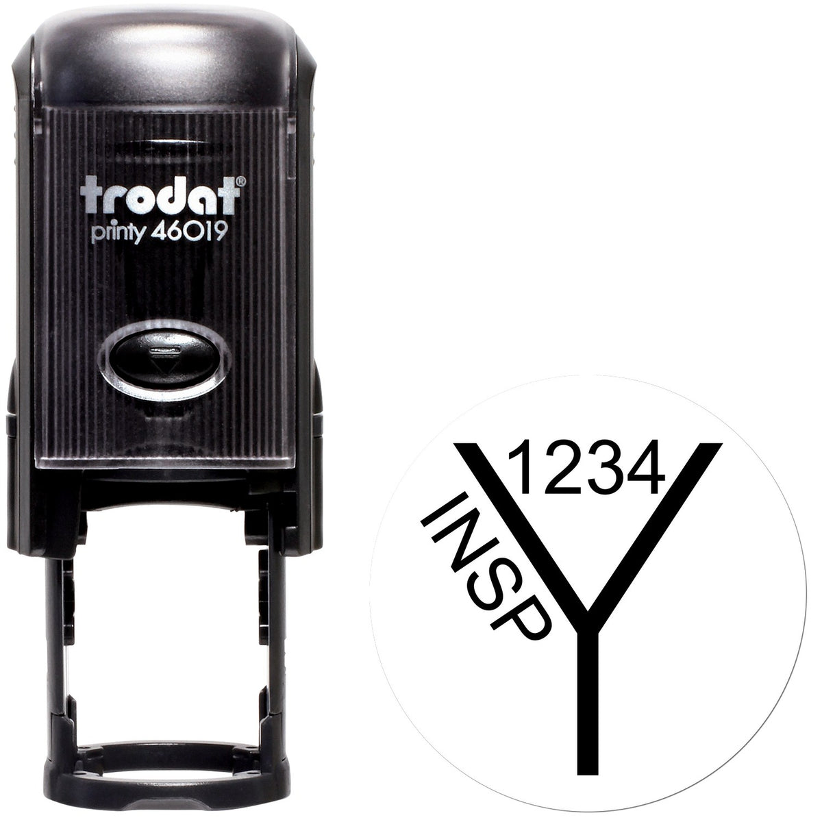 Black Trodat Printy 46019 stamp and seal with Y-shaped NSP mark and 1234 on a white background