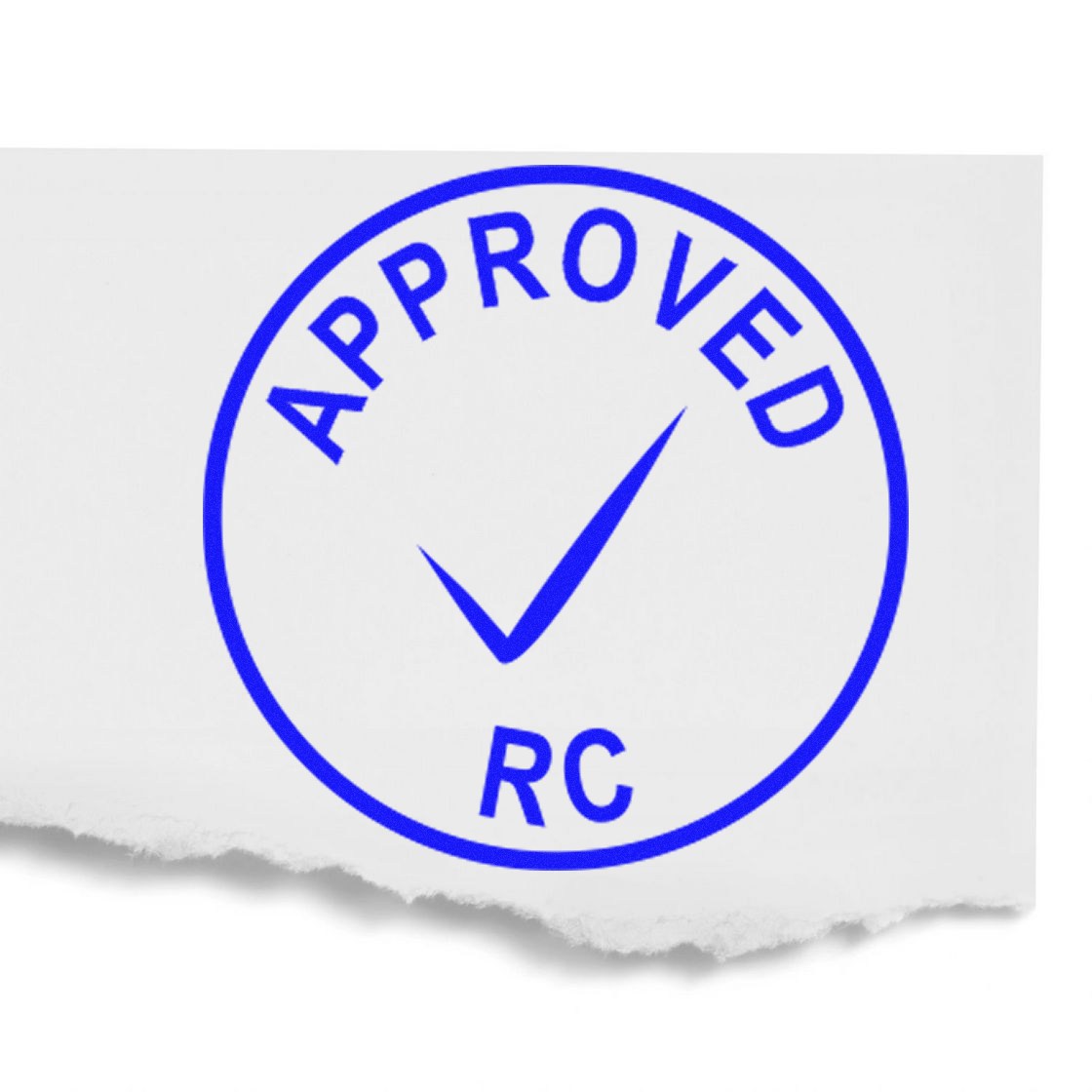 Blue APPROVED rubber stamp seal with checkmark and RC on torn white paper.