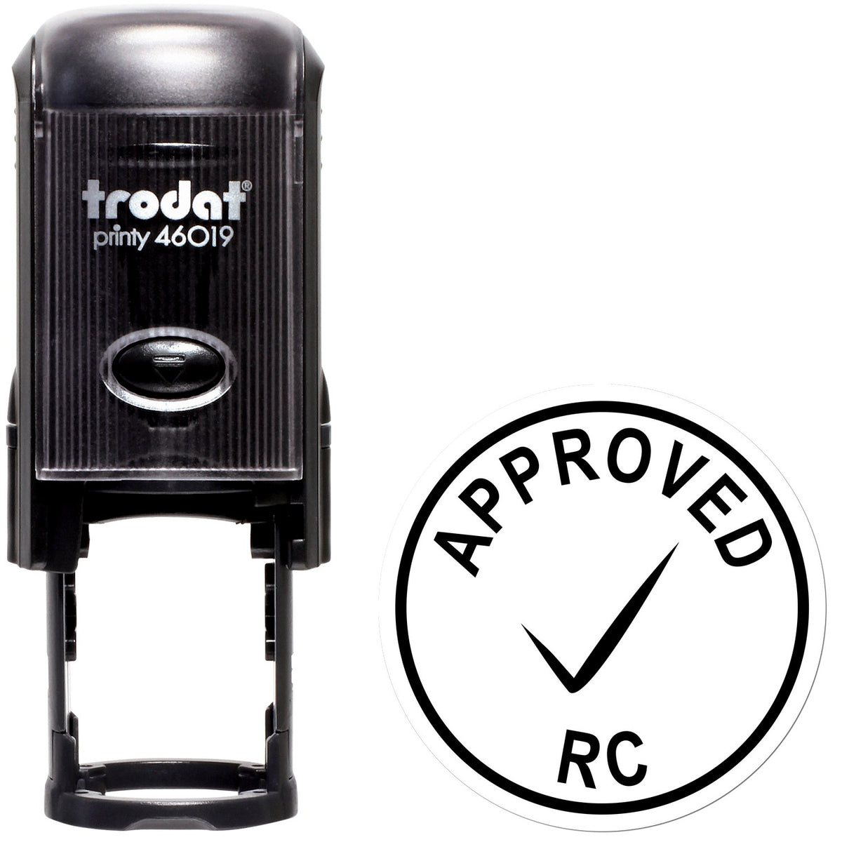 Black Trodat Printy 46019 self-inking stamp with round APPROVED RC seal and checkmark on white background.