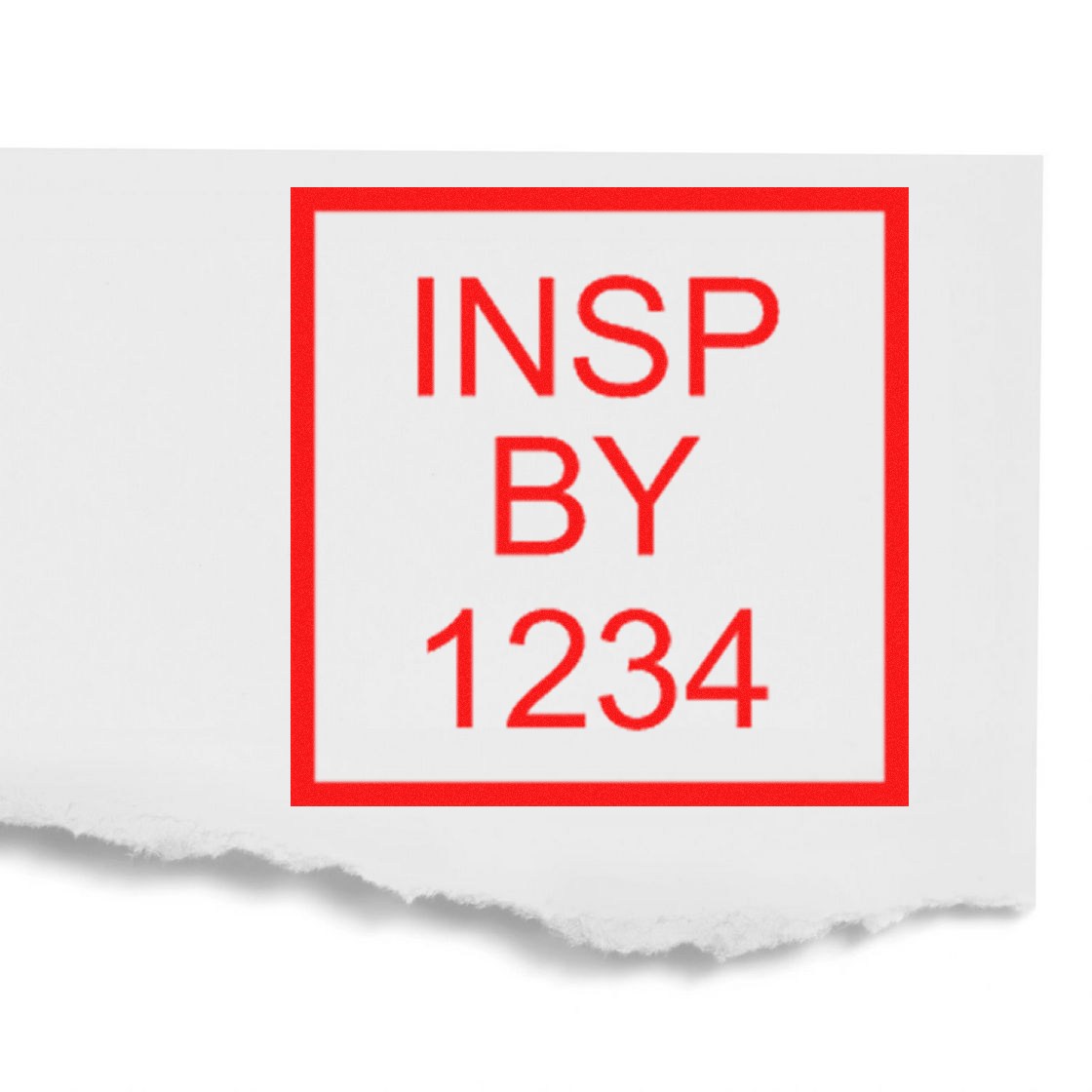 Red inspection stamp seal reading INSP BY 1234 in red on torn white paper, with a square border.