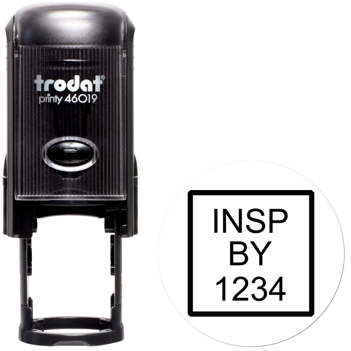 Black Trodat Printy 46019 self-inking stamp with round seal impression reading INSP BY 1234