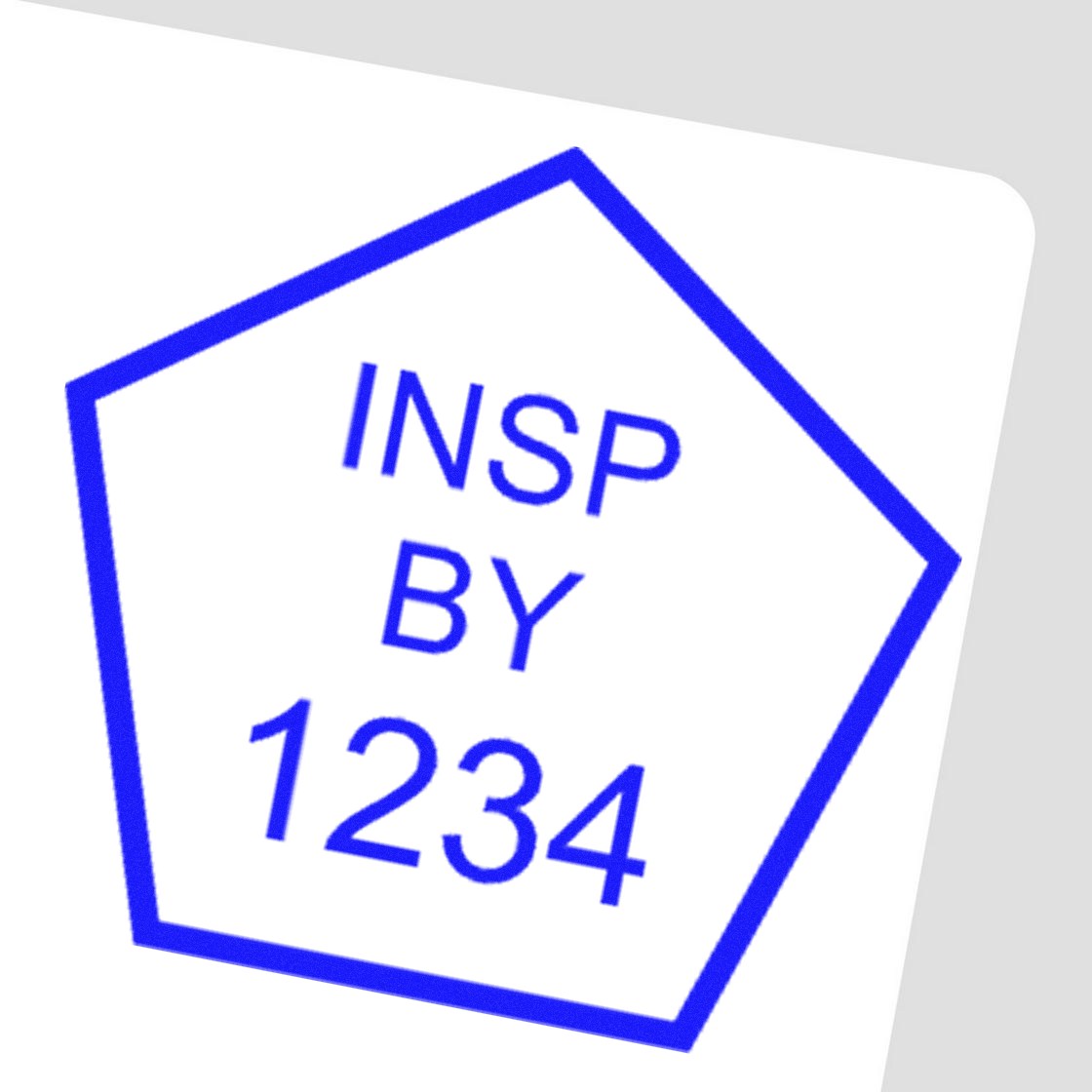 Blue pentagon inspection stamp seal with INSP BY 1234 in bold blue on a white background.
