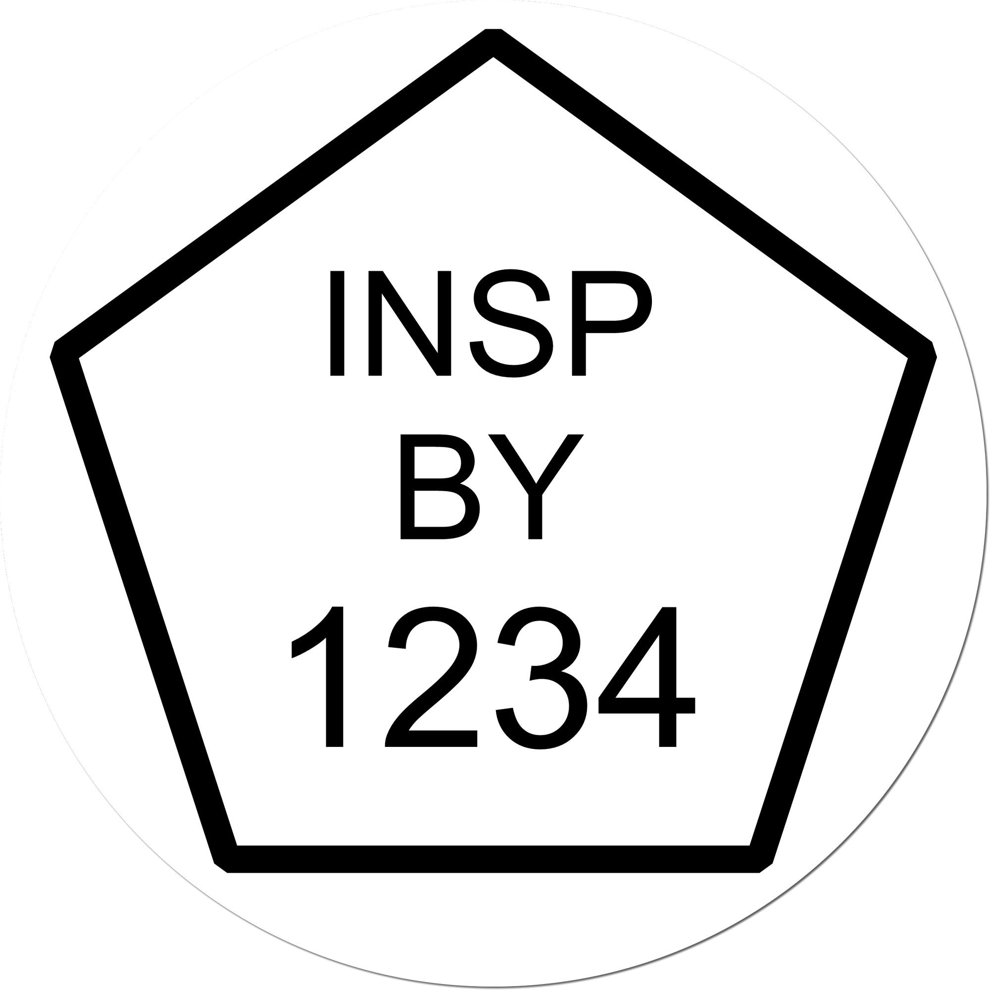 Black pentagon inspection stamp seal marked INSP BY 1234 on white background.