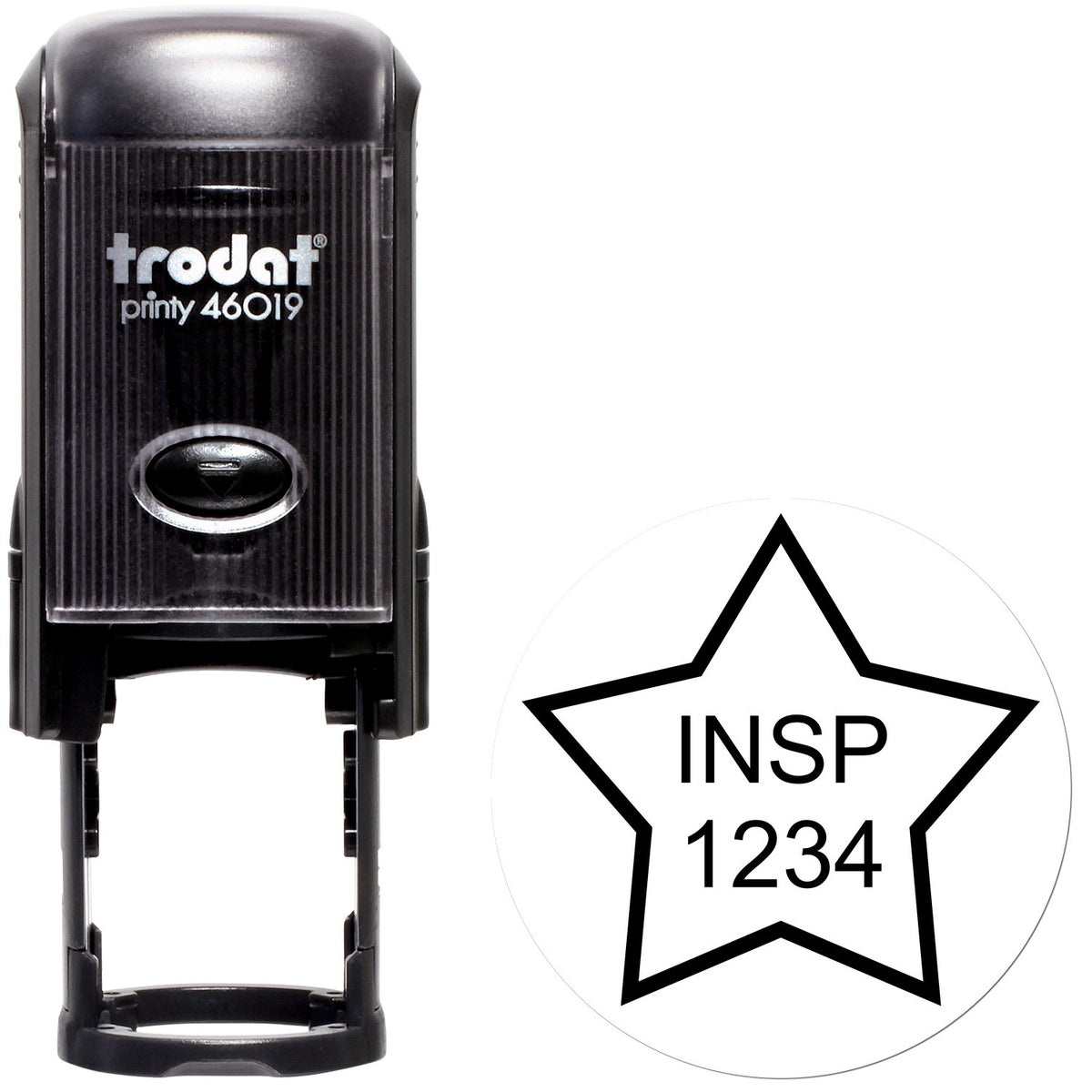 Black Trodat self-inking stamp and star inspection seal reading INSP 1234 on white background