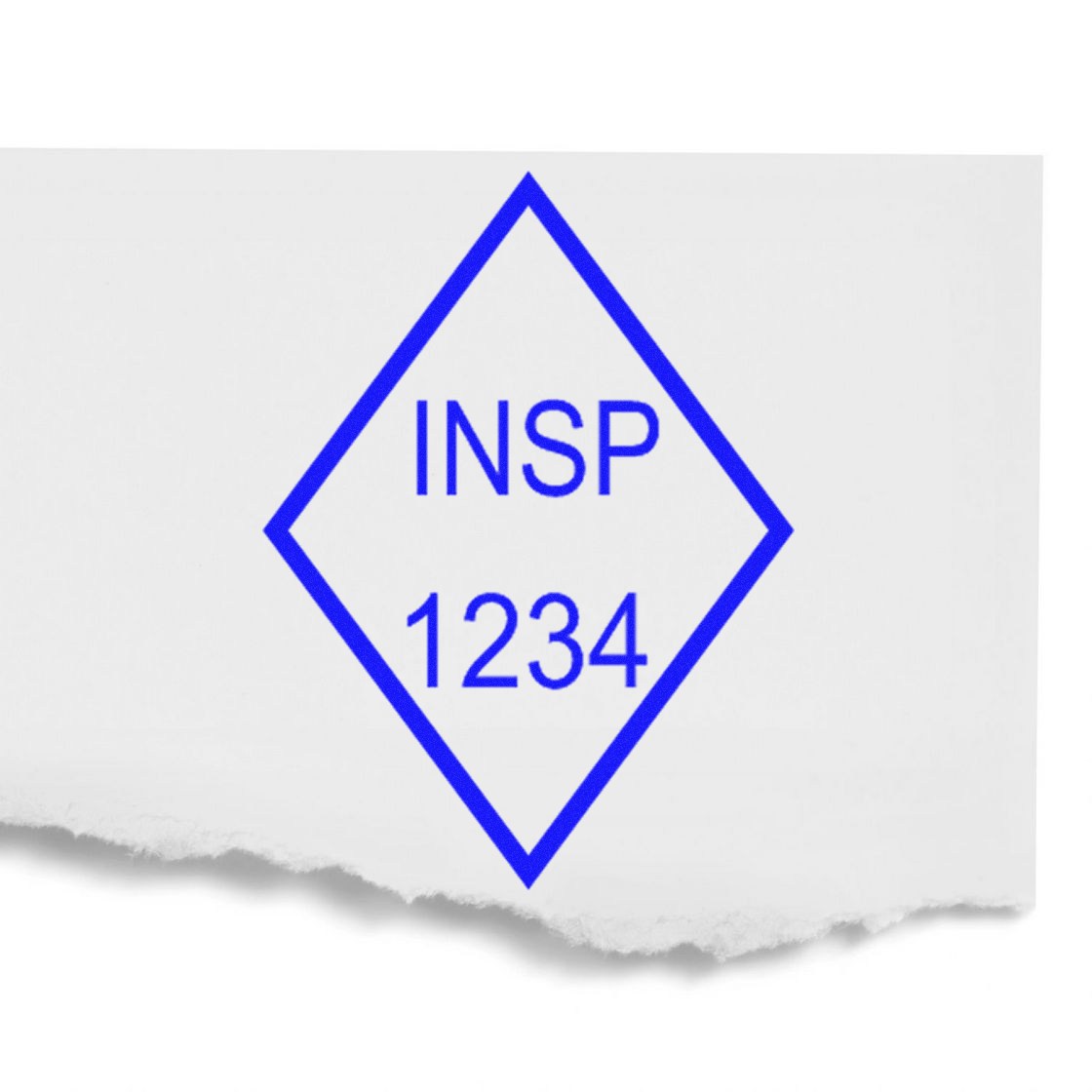 Blue inspection stamp seal with diamond outline, INSP 1234, on torn white paper.