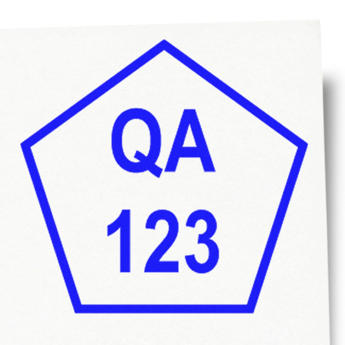Blue QA 123 pentagon stamp seal on white background