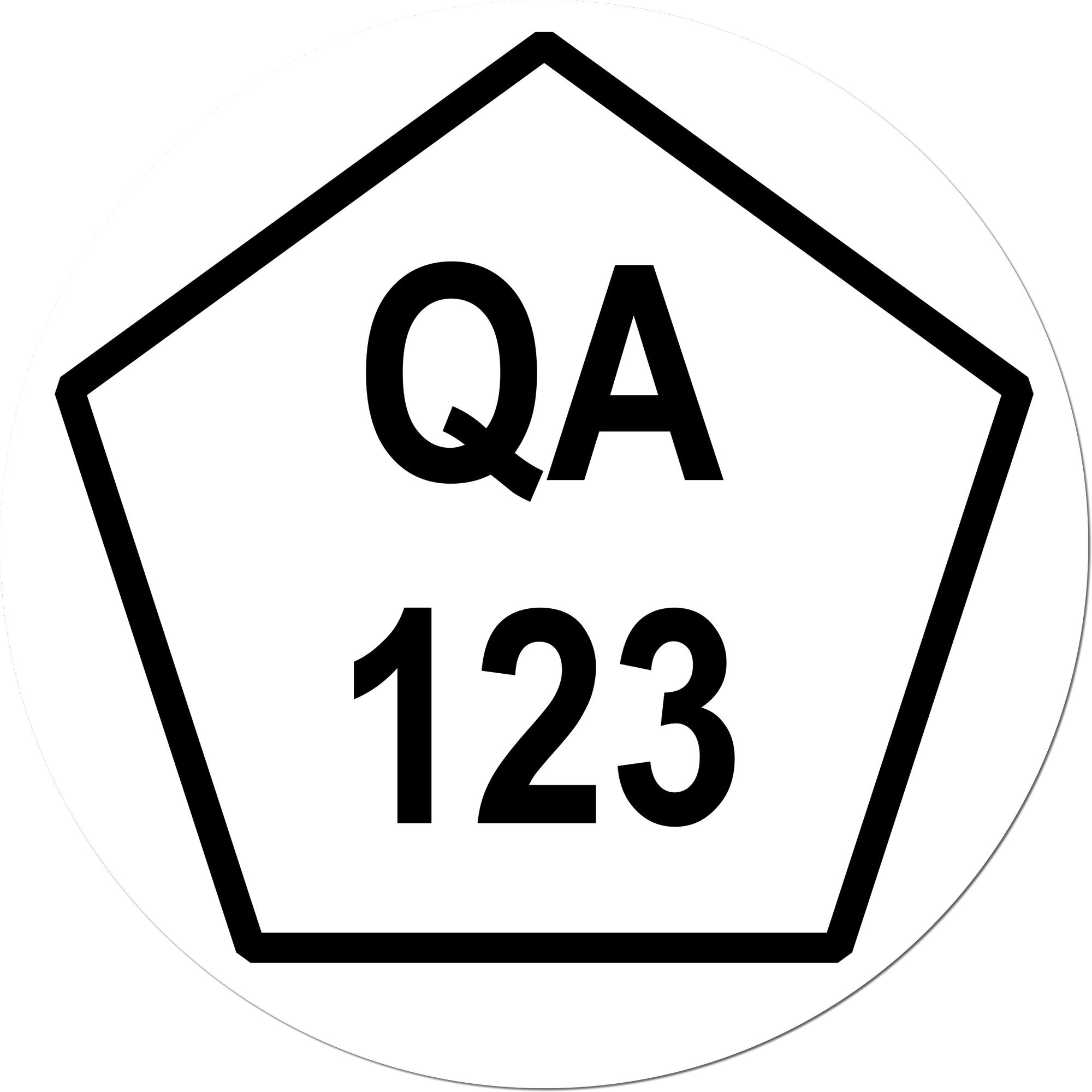 Black QA 123 quality assurance stamp seal inside a pentagon outline on a white circular background.