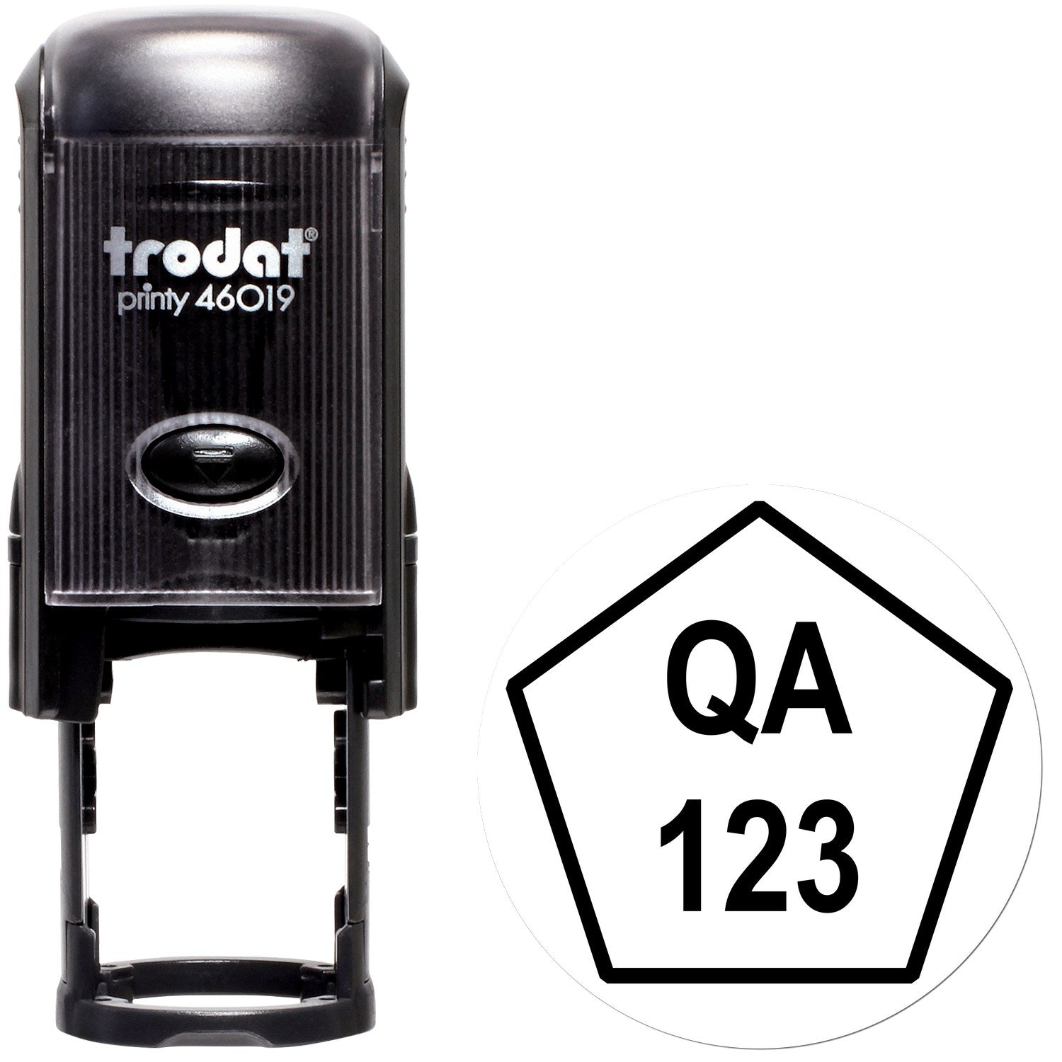 Black Trodat Printy 46019 self-inking stamp with QA 123 seal on white background