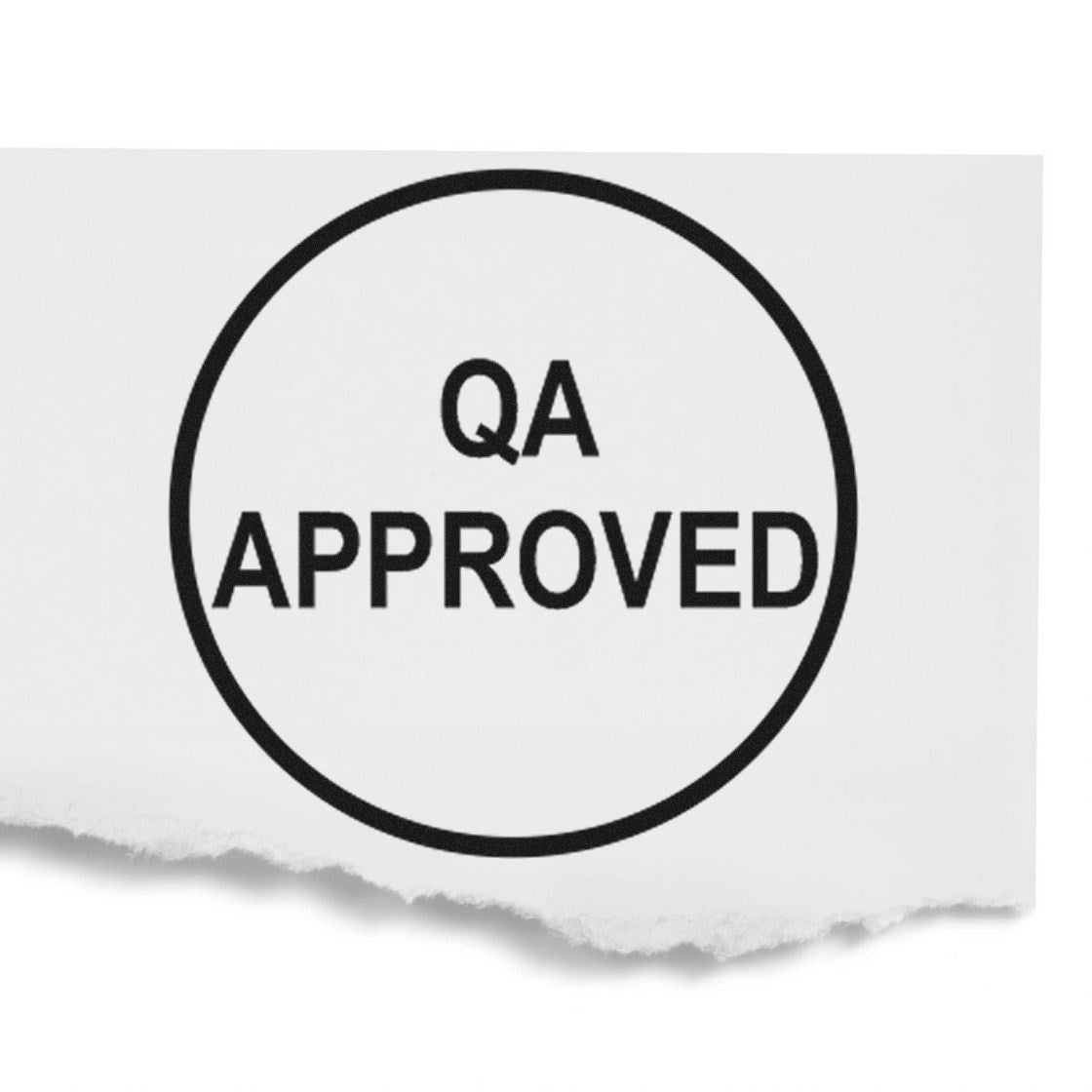 Black QA APPROVED stamp seal in a circular outline on torn white paper background.