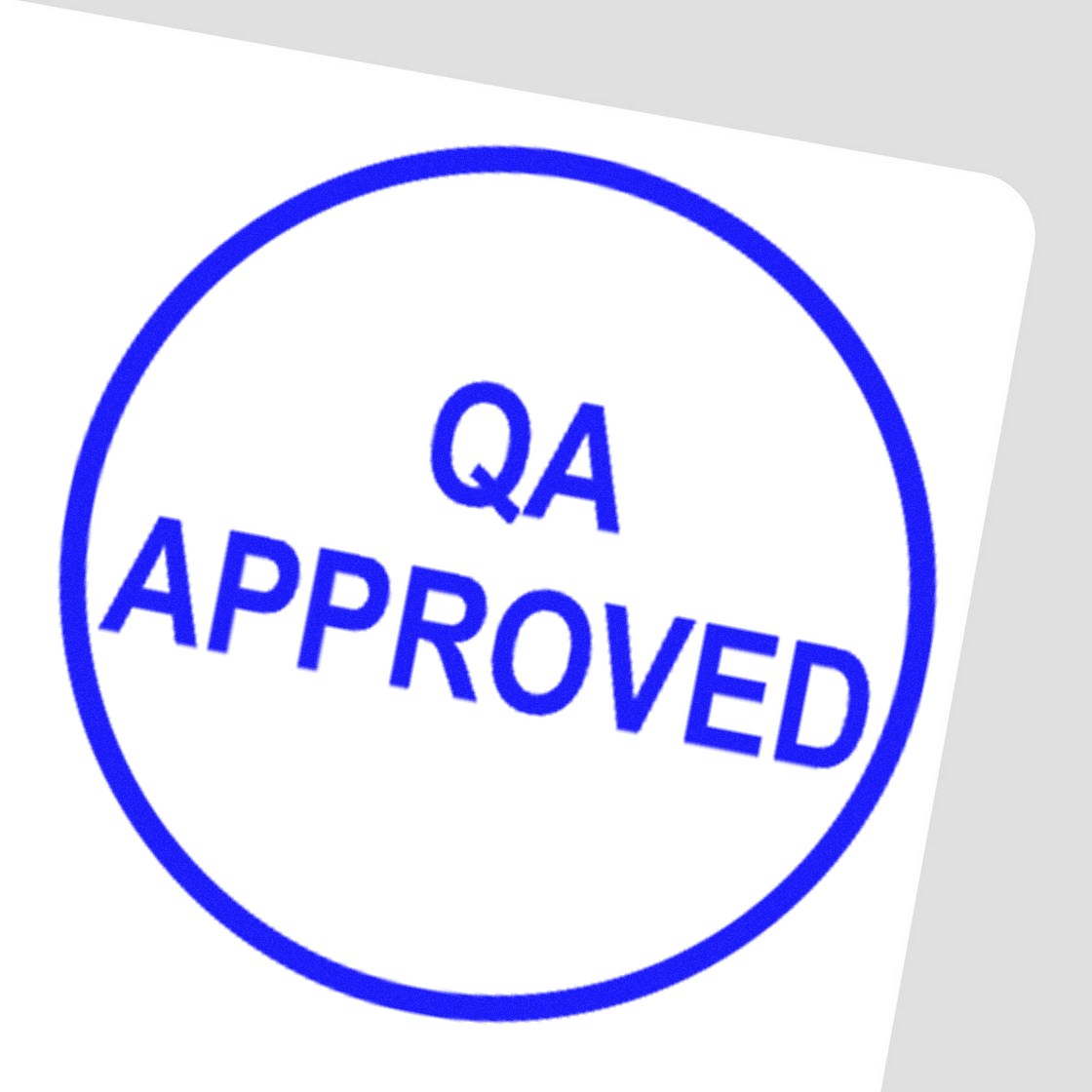 Blue circular QA APPROVED rubber stamp seal on white background