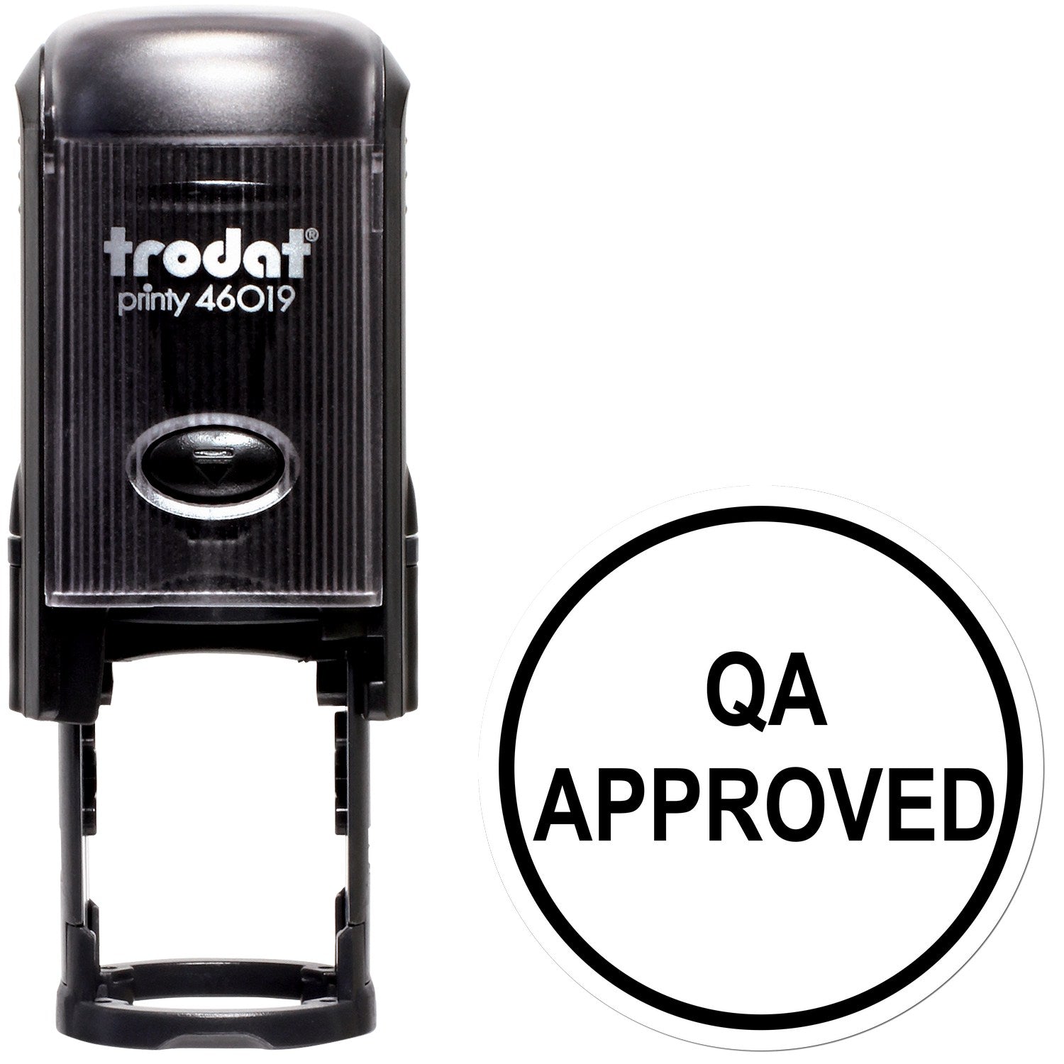 Black Trodat Printy 46019 self-inking stamp beside circular QA APPROVED seal