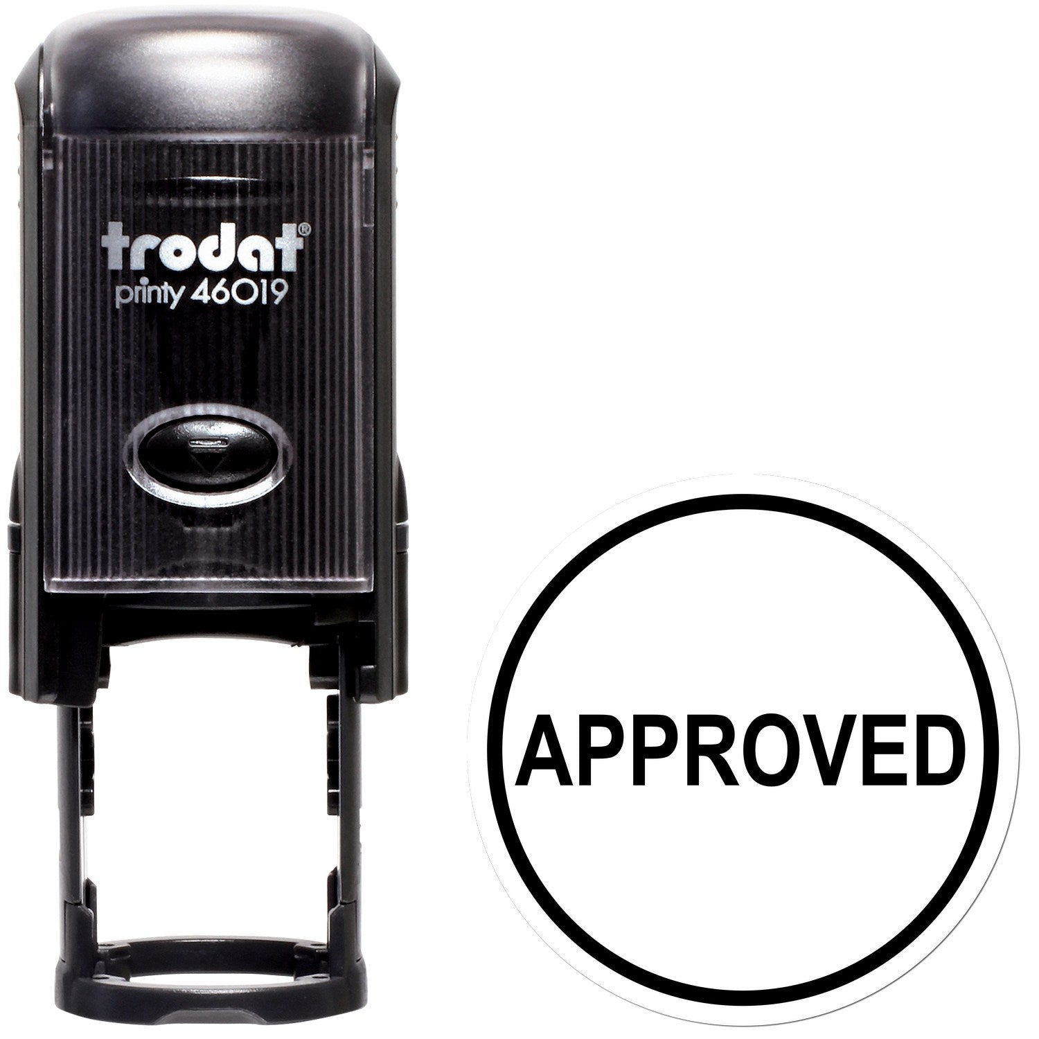Black Trodat Printy 46019 self-inking stamp with circular APPROVED seal in black on white.