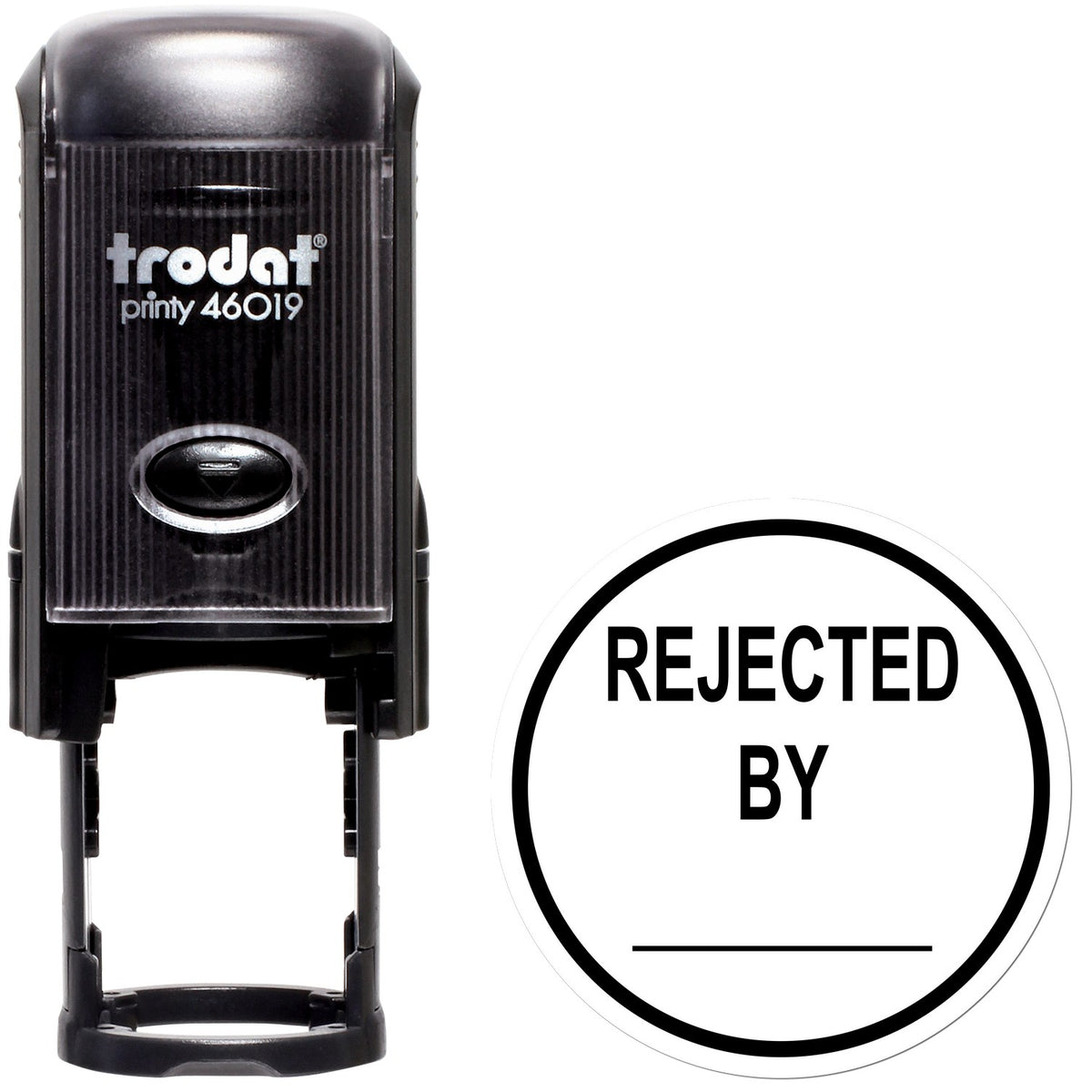 Black Trodat self-inking stamp with round REJECTED BY seal imprint on white background.