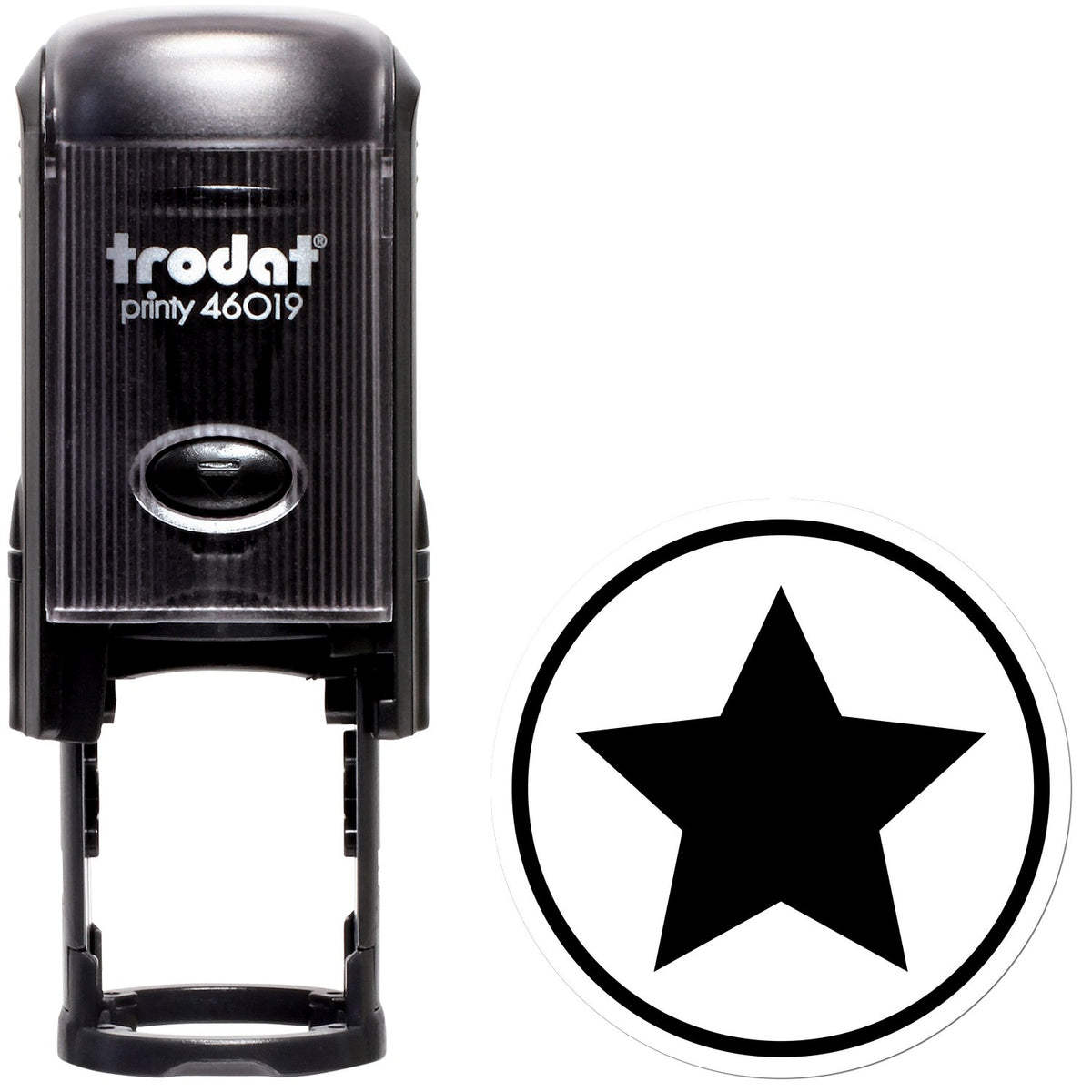 Black Trodat self-inking stamp with circular star seal imprint