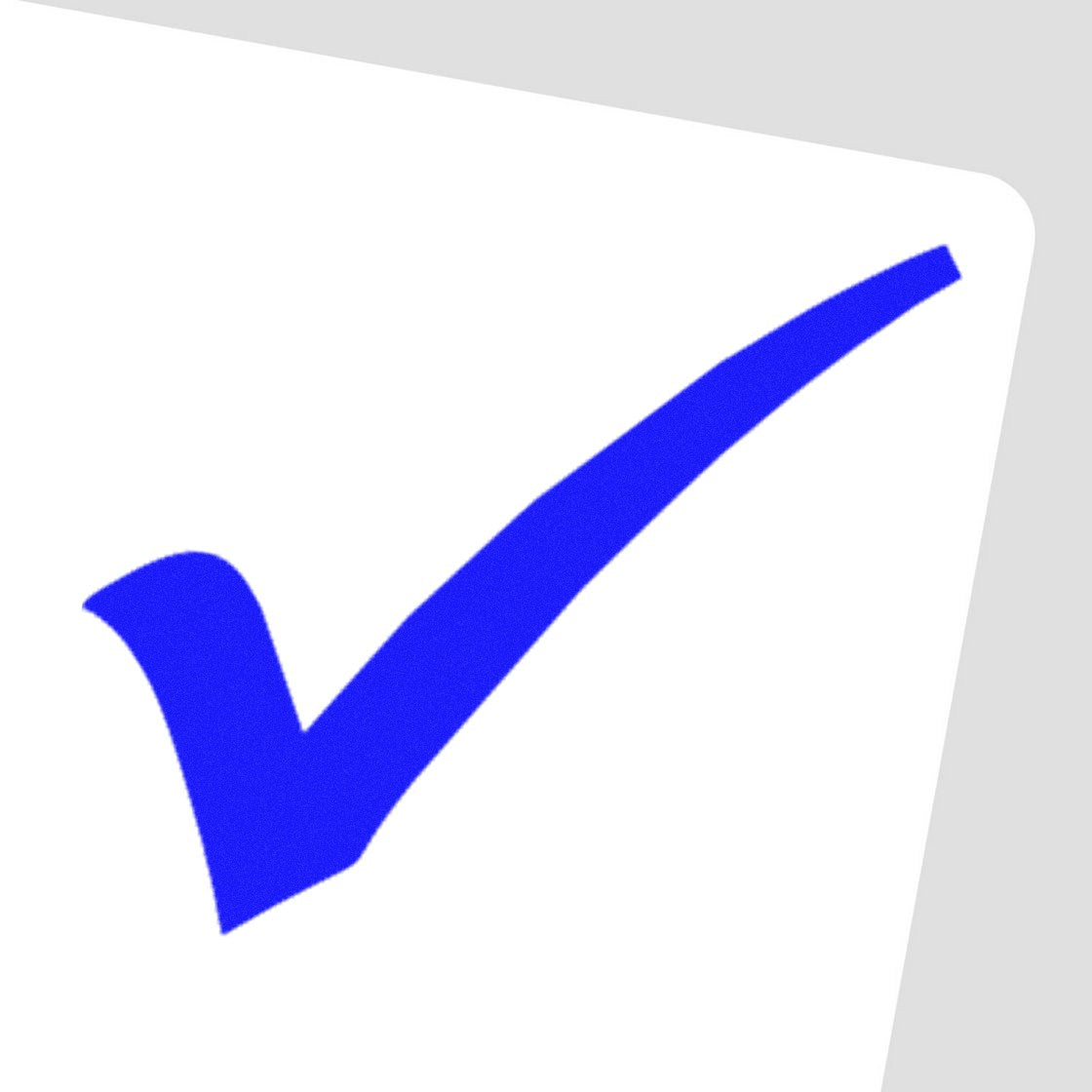 Blue checkmark stamp and seal on white tilted square background