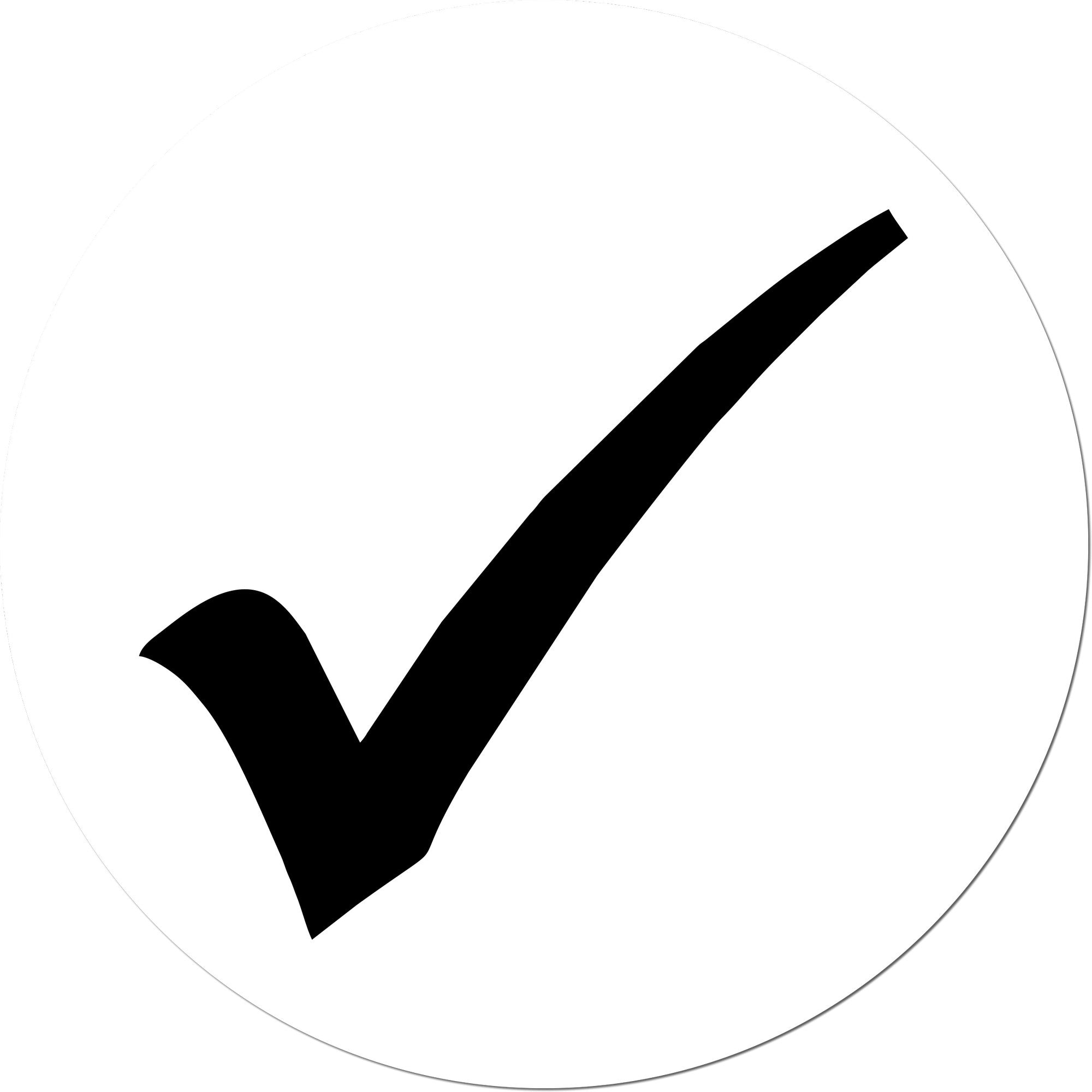 White circular approval seal with bold black checkmark stamp on a clean white background.