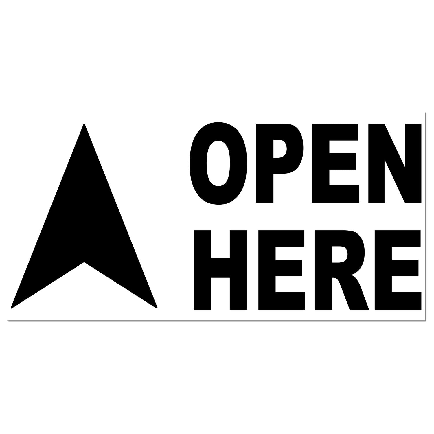 Black rubber stamp with a wooden handle displaying an "Open Here" arrow imprint, ideal for eCommerce packaging by ESS.