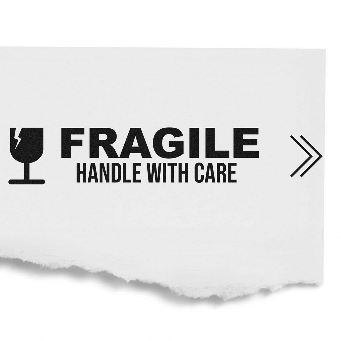 ESS Wood Handle Fragile Handle With Care rubber stamp in use, showing clear "Fragile Handle With Care" message on a white background.
