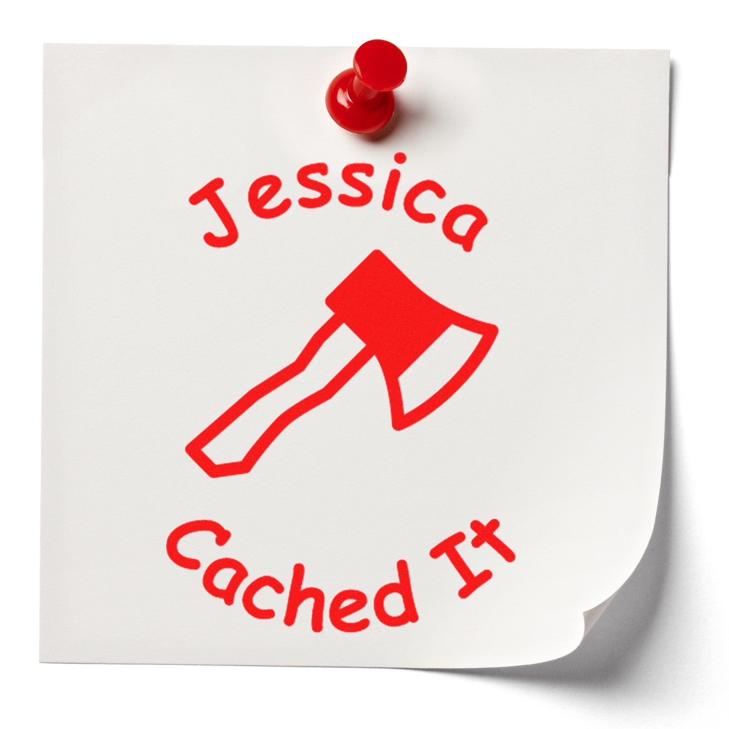 White tamper-evident seal sticker with red pushpin, axe icon, and Jessica Cached IT text.