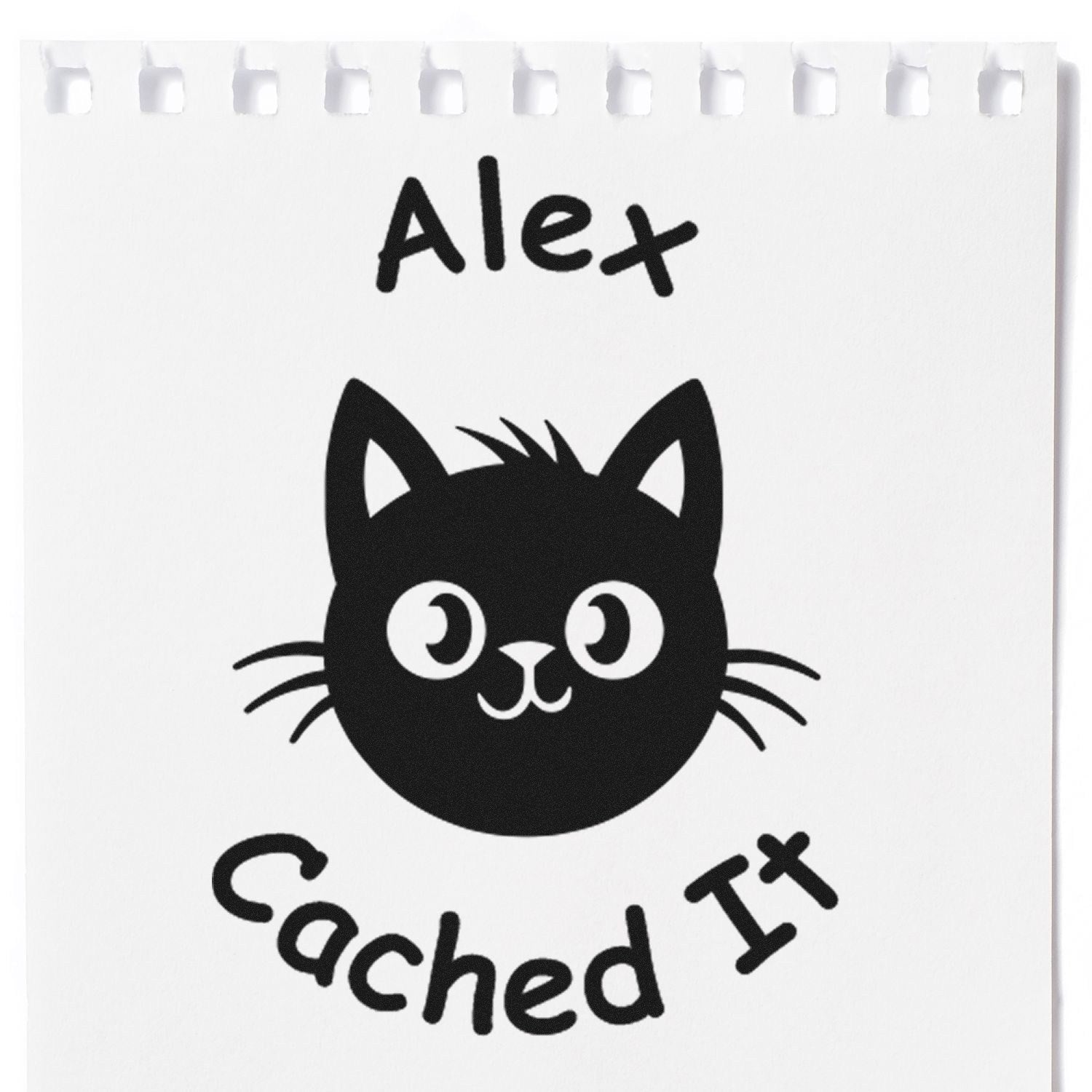 Black cat rubber stamp design with Alex Cached It in black on white perforated paper.