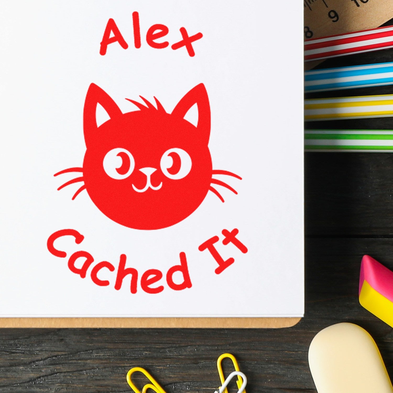 Red cat logo stamp with Alex Cached It on white card, beside colorful stamp and seal products.