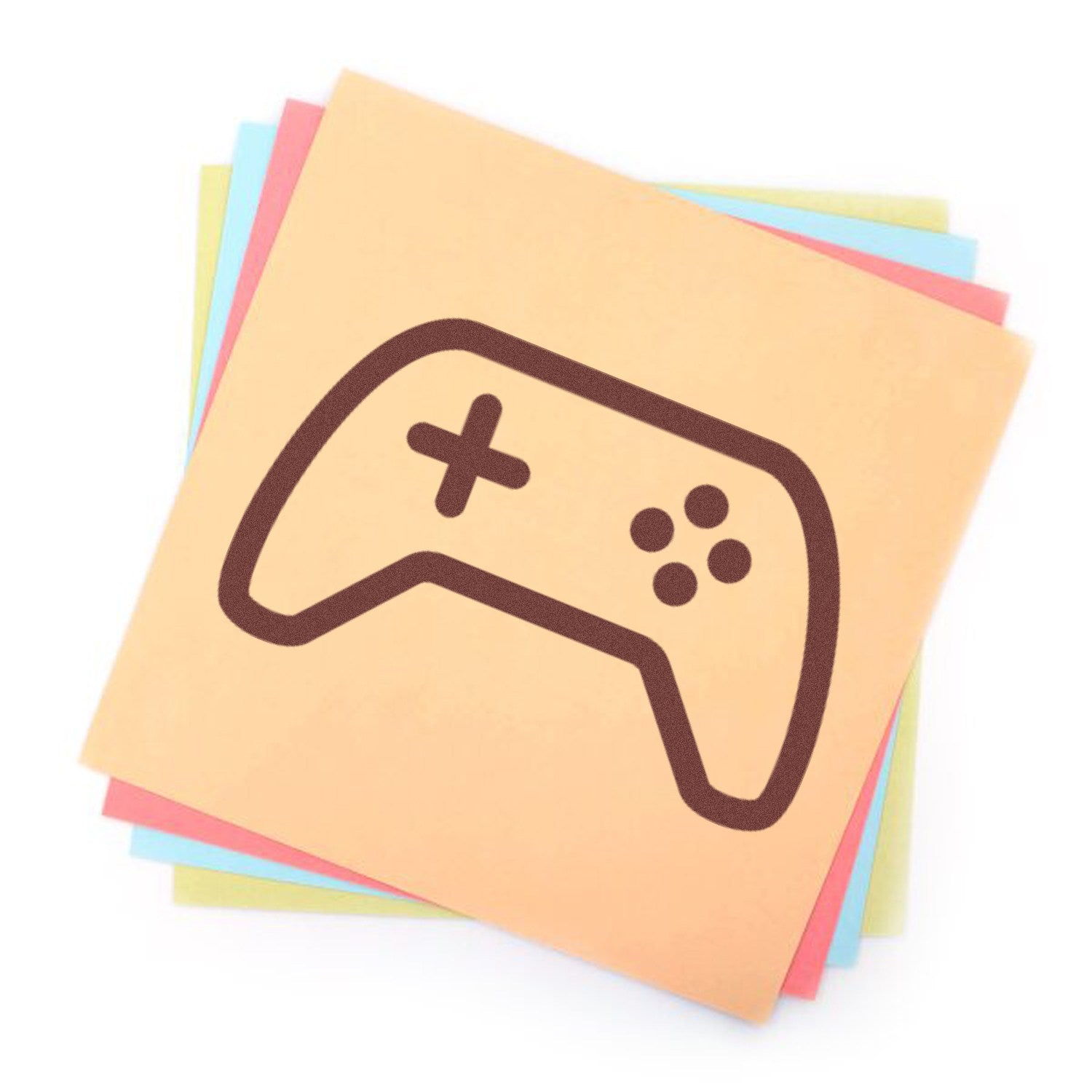 Wood Handle Game On! Reward Rubber Stamp featuring a game controller design on colorful sticky notes. Perfect for adding a playful touch to your projects.