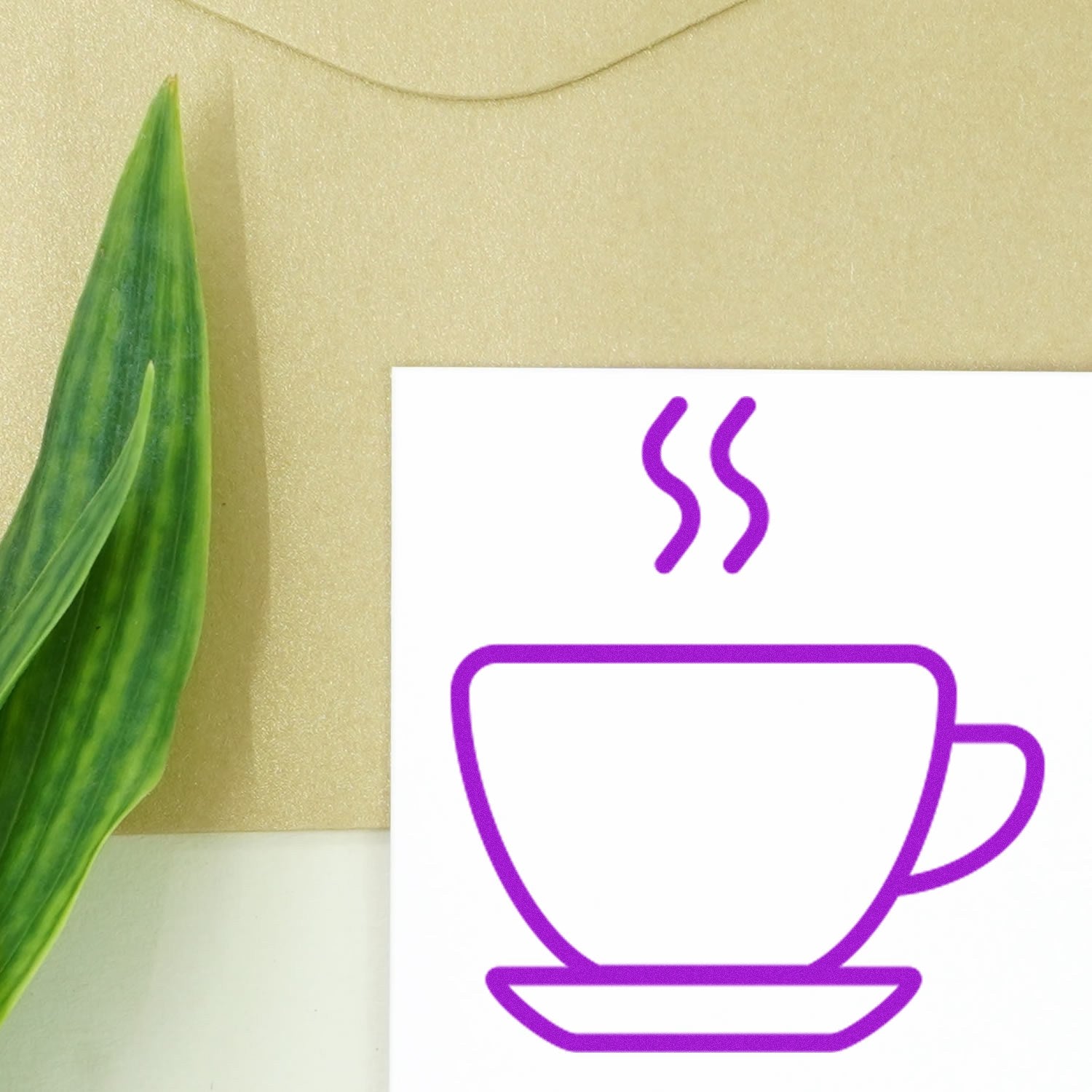 Wood handle steaming coffee cup loyalty rubber stamp by ESS, showing a close-up of the stamped coffee cup design on paper.